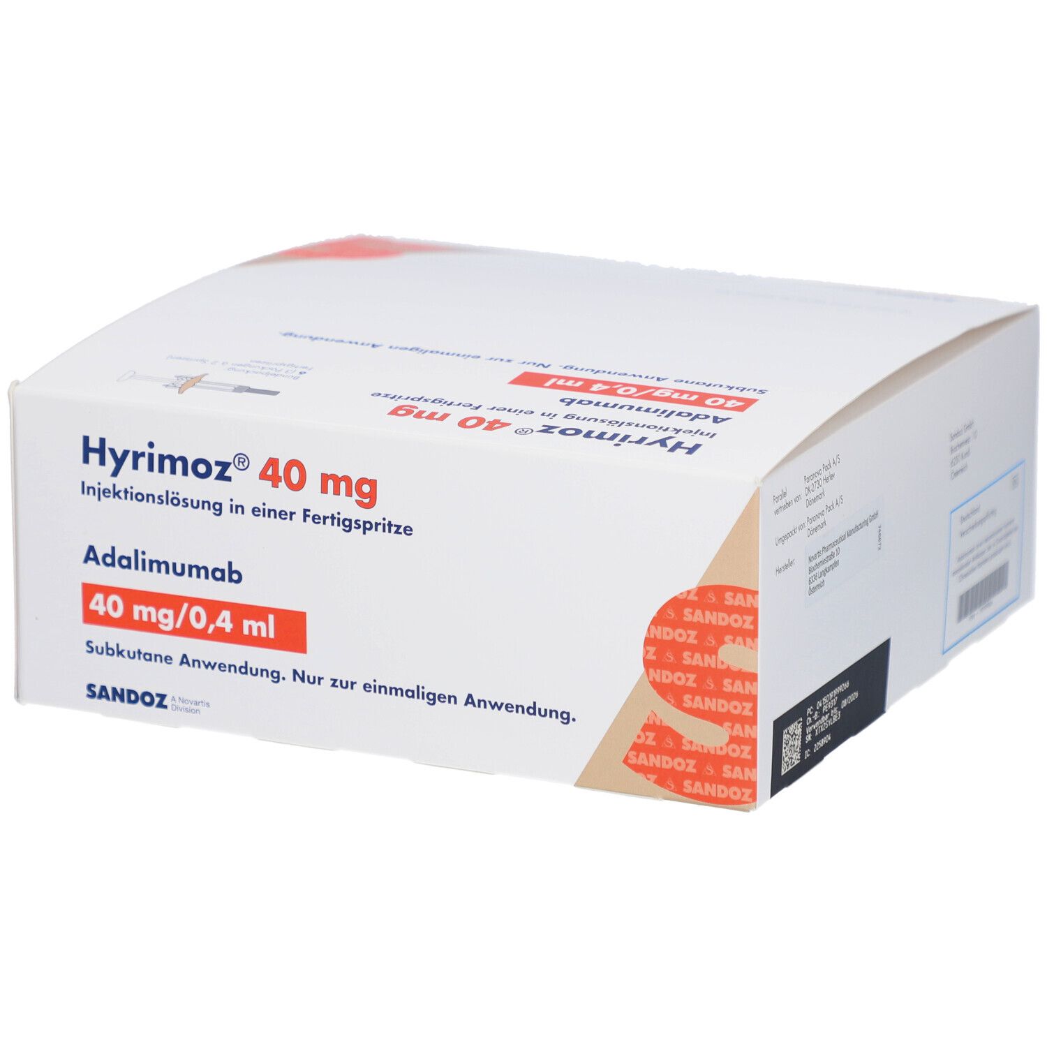 Weiße Faltschachtel mit Produktinformationen. Aufdruck: HYRIMOZ 40 mg, Adalimumab, 40 mg/0,4 ml. Sandoz-Logo.