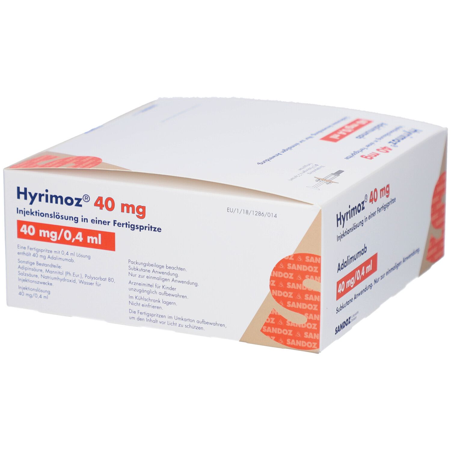 Weiße Faltschachtel mit Produktinformationen. Aufdruck: HYRIMOZ 40 mg, Adalimumab, 40 mg/0,4 ml. Sandoz-Logo.