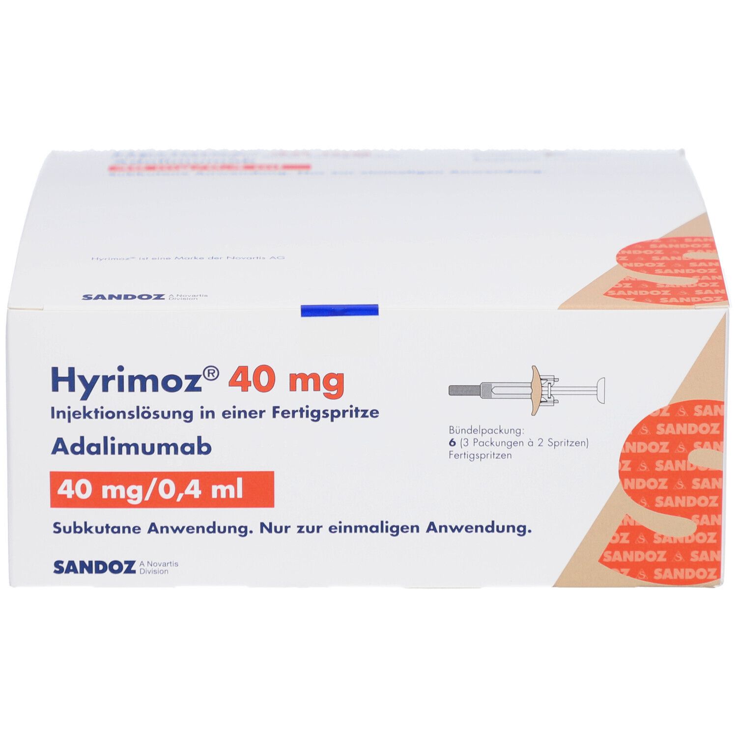Weiße Faltschachtel mit Produktinformationen. Aufdruck: HYRIMOZ 40 mg, Adalimumab, 40 mg/0,4 ml. Sandoz-Logo. Abbildung einer Fertigspritze.