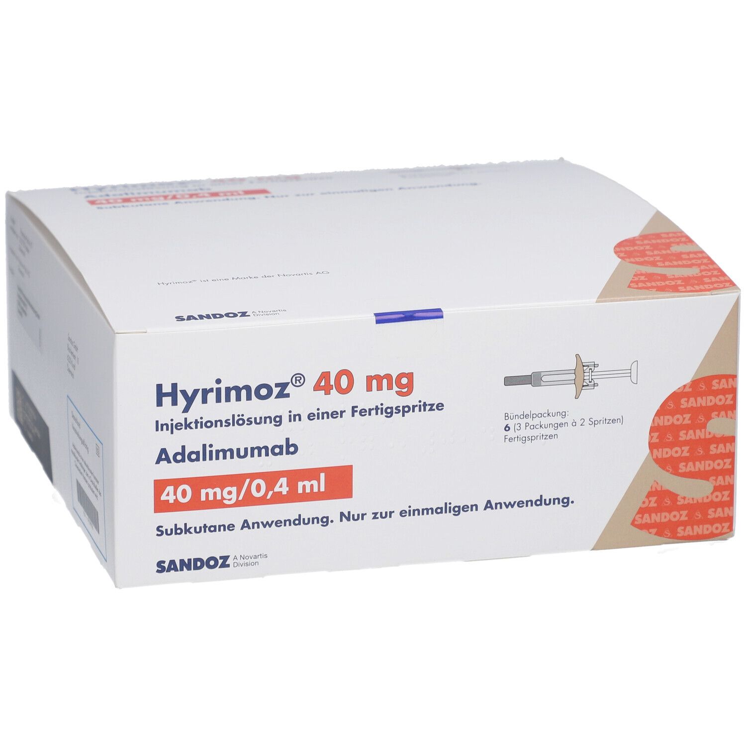 Weiße Faltschachtel mit Produktinformationen. Aufdruck: HYRIMOZ 40 mg, Adalimumab, 40 mg/0,4 ml. Sandoz-Logo. Abbildung einer Fertigspritze.