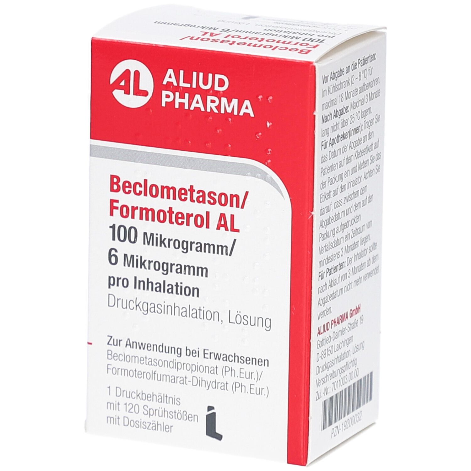 Weiß-rote Faltschachtel. Aufdruck: Beclometason/Formoterol AL 100 Mikrogramm/6 Mikrogramm pro Inhalation. Logo: AL, Aliud Pharma.