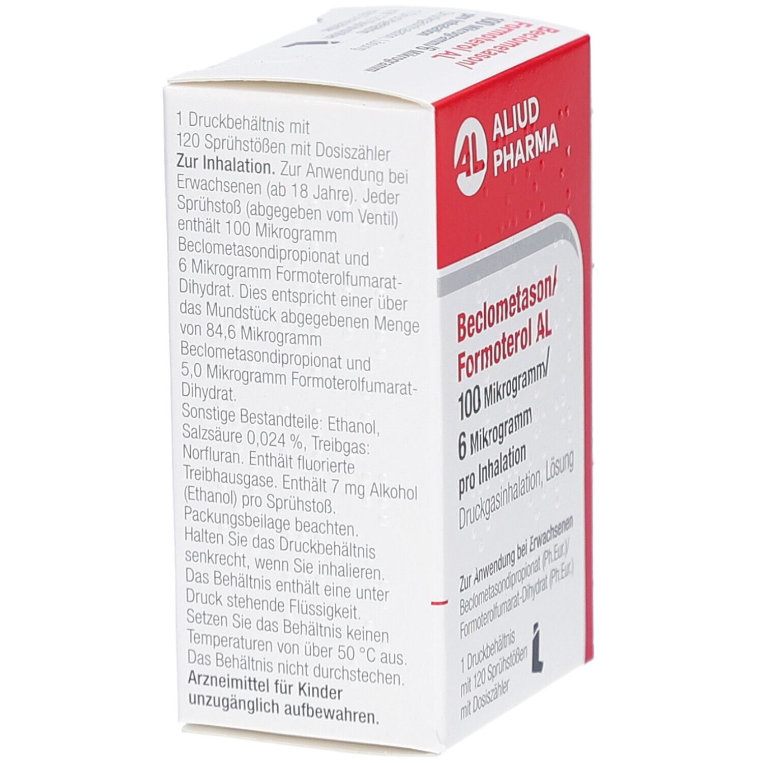 Weiße Faltschachtel mit Text. Aufdruck: 1 Druckbehältnis mit 120 Sprühstößen. Enthält 100 Mikrogramm Beclometason. Logo: AL, Aliud Pharma.