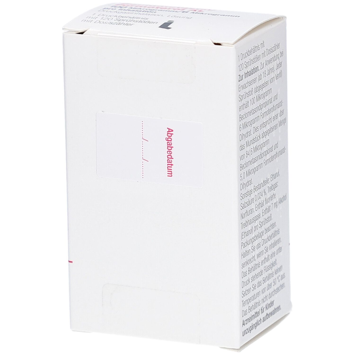 Weiße Faltschachtel, Seitenansicht. Aufdruck: Abgabedatum. Leere Fläche für Etikett. Ecke mit Pfeil.