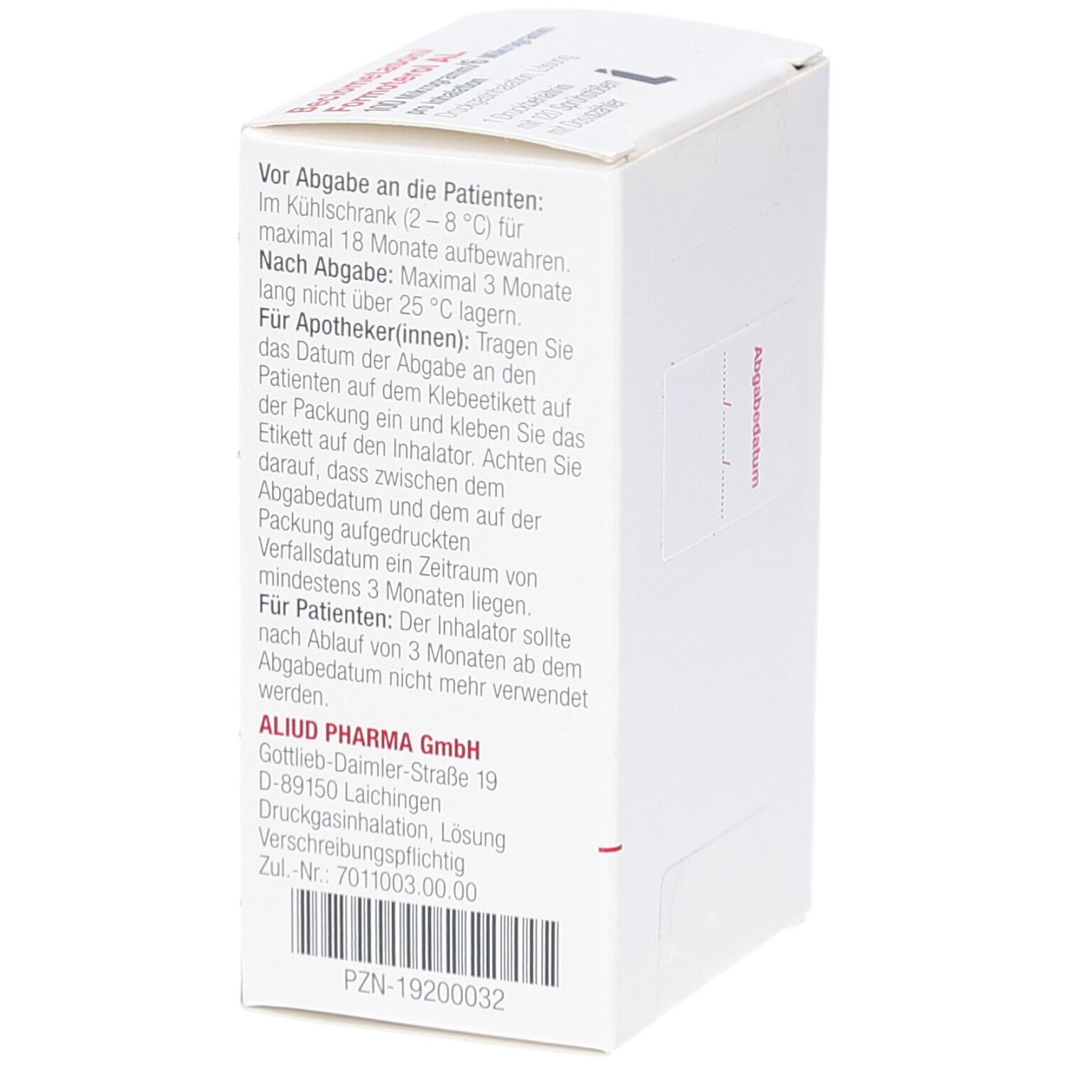 Weiße Faltschachtel, Rückseite. Text: Für Apotheker(innen): Datum aufkleben. Logo: Aliud Pharma GmbH. PZN-19200032.