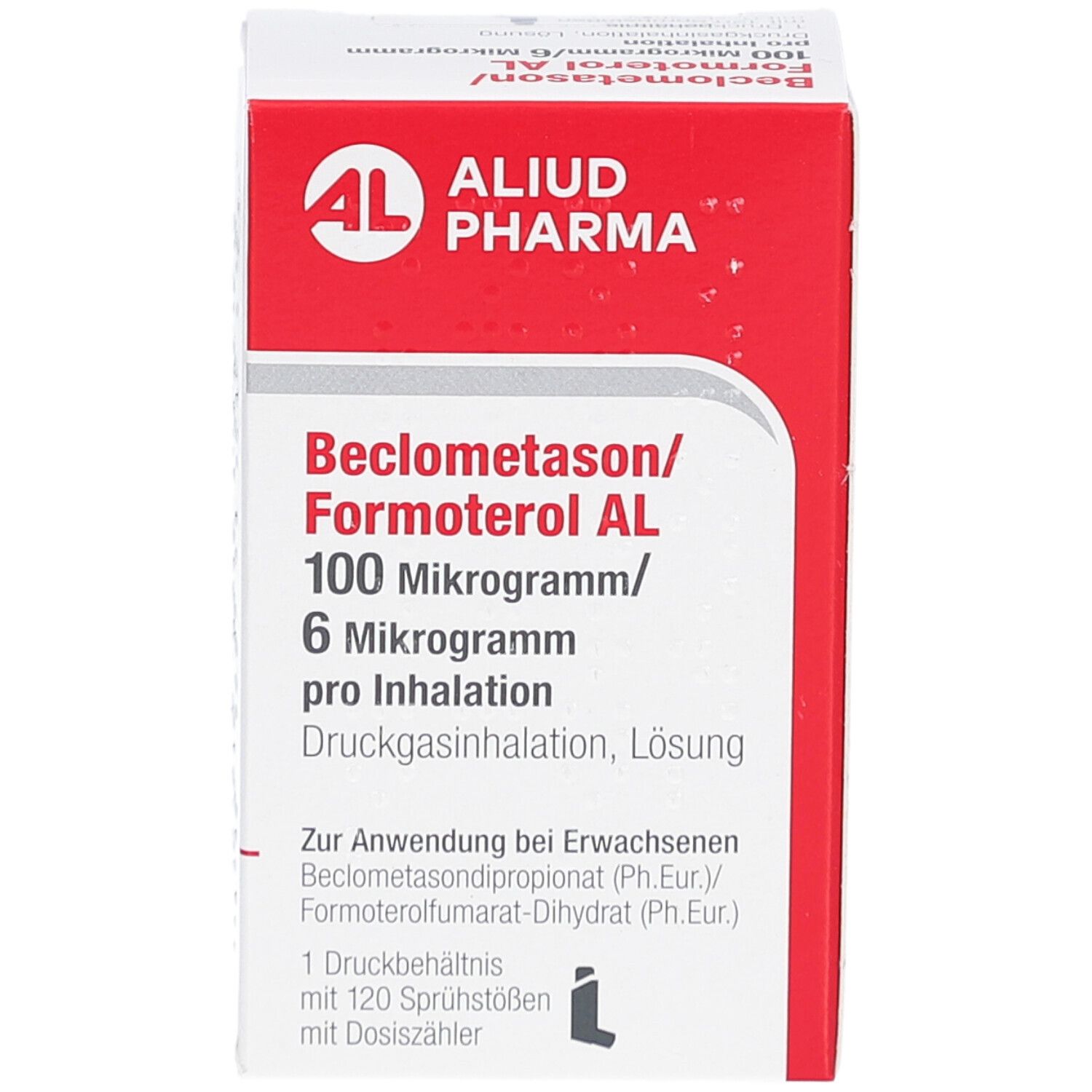 Weiße und rote Faltschachtel. Aufdruck: Beclometason/Formoterol AL 100 Mikrogramm/6 Mikrogramm pro Inhalation. Logo: AL, Aliud Pharma.
