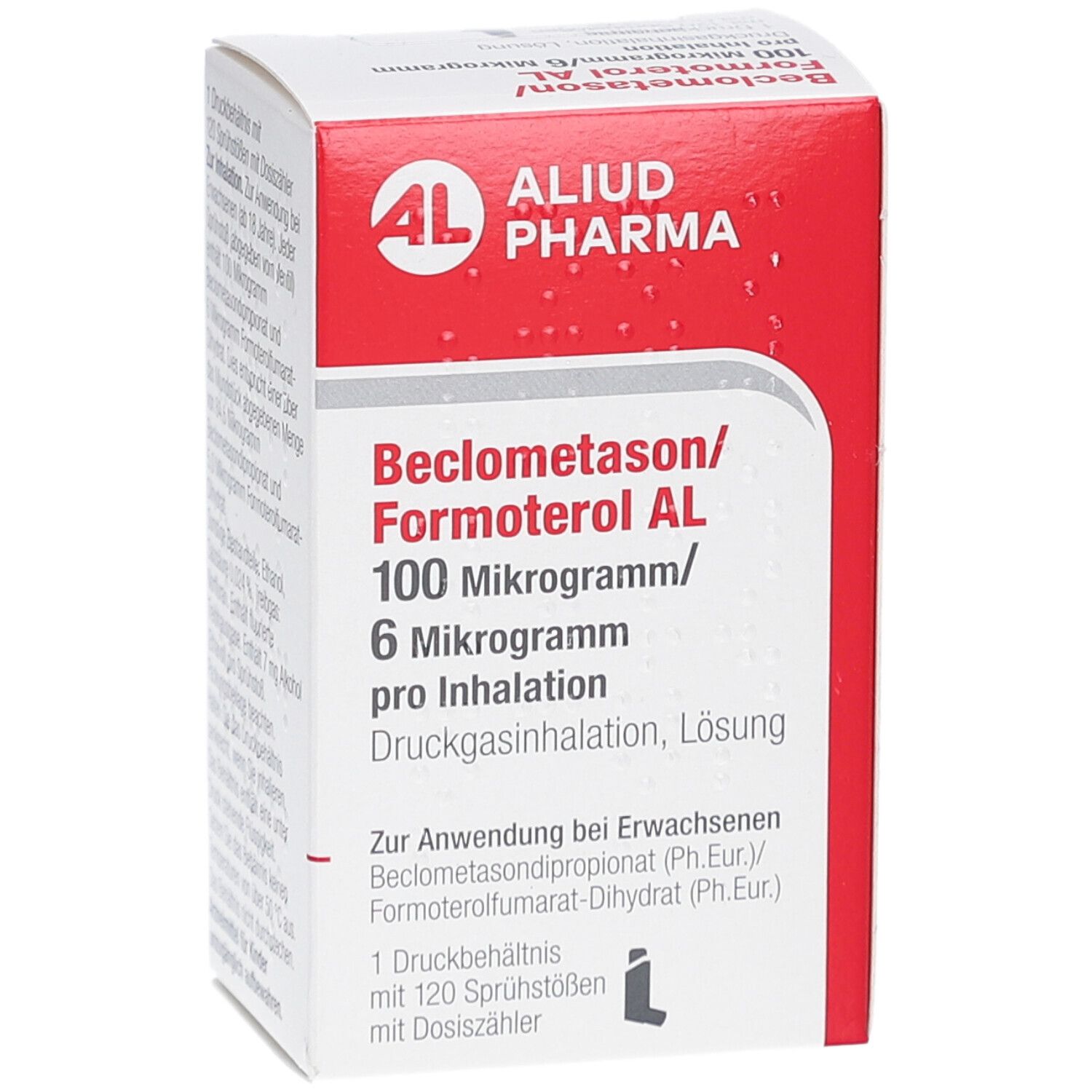 Weiße und rote Faltschachtel. Aufdruck: Beclometason/Formoterol AL 100 Mikrogramm/6 Mikrogramm pro Inhalation. Logo: AL, Aliud Pharma.