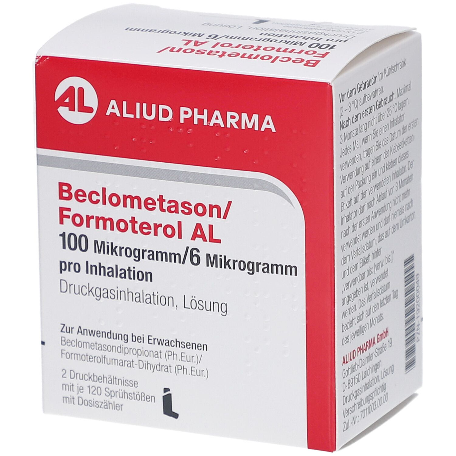 Weiß-rote Faltschachtel. Aufschrift: Beclometason/Formoterol AL 100 Mikrogramm/6 Mikrogramm pro Inhalation. AL-Logo.