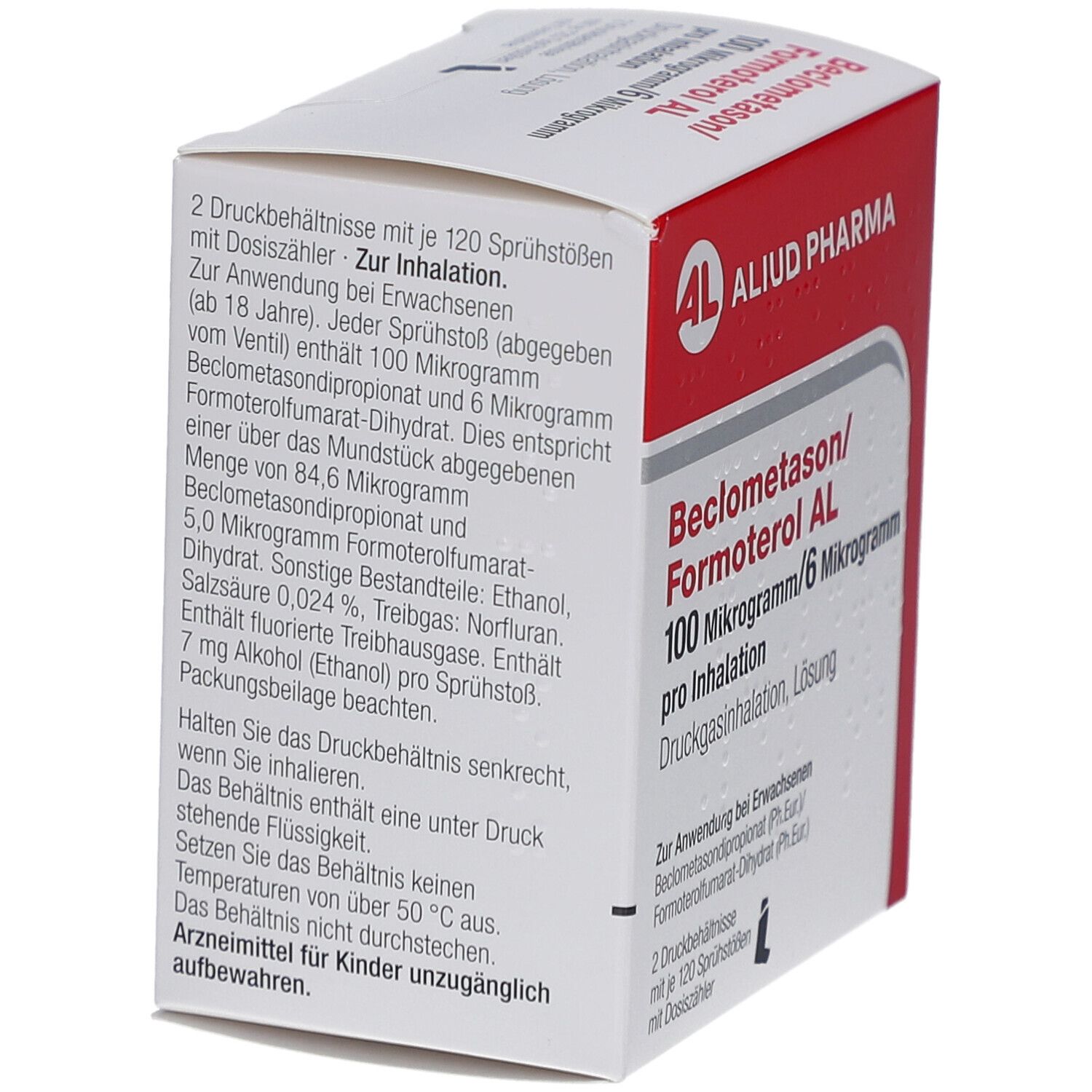 Weiße Faltschachtel mit roter Schrift. Text: 2 Druckbehältnisse mit je 120 Sprühstößen. Text in Deutsch. ALIUD PHARMA Logo.