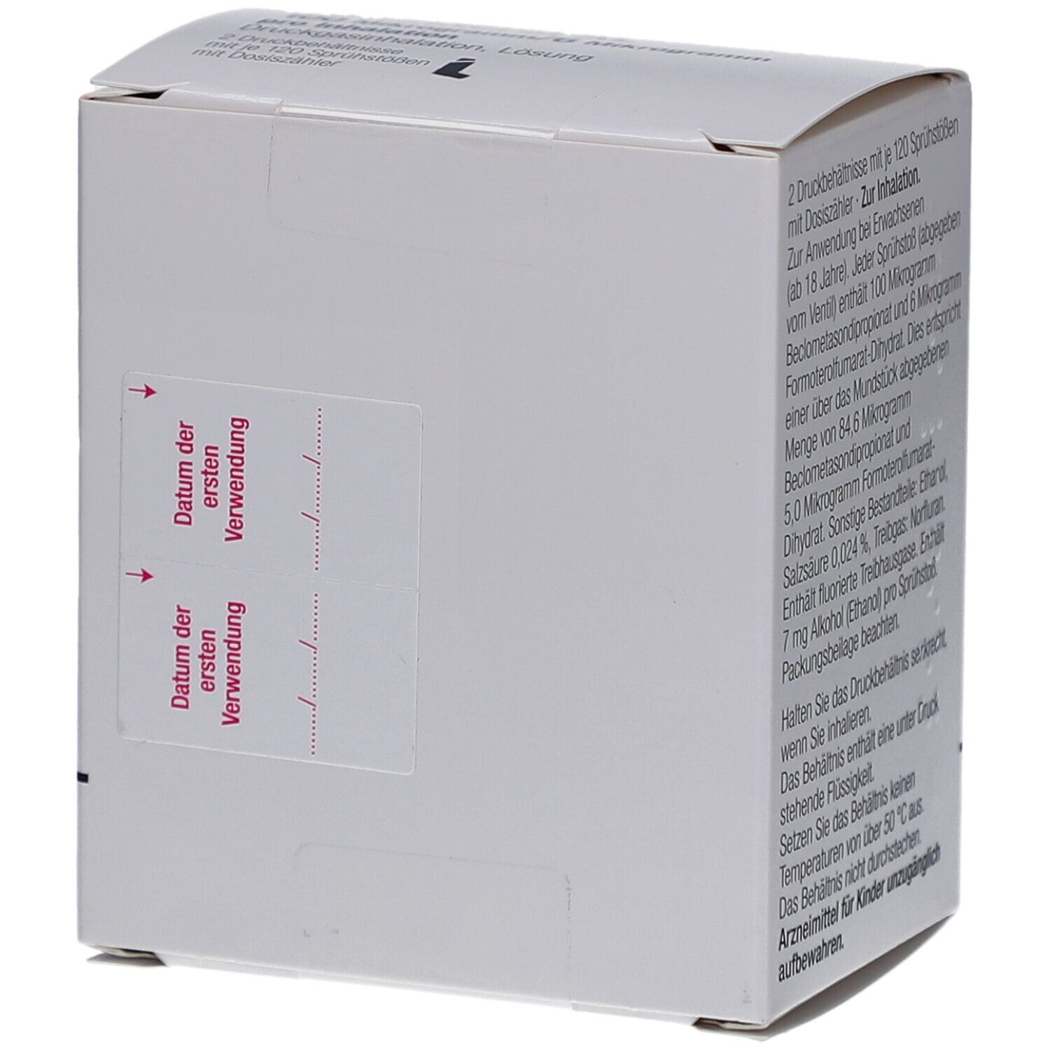 Weiße Faltschachtel. Auf der Seite: Datum der ersten Verwendung. Text und Pfeile in Pink. Text in Deutsch.