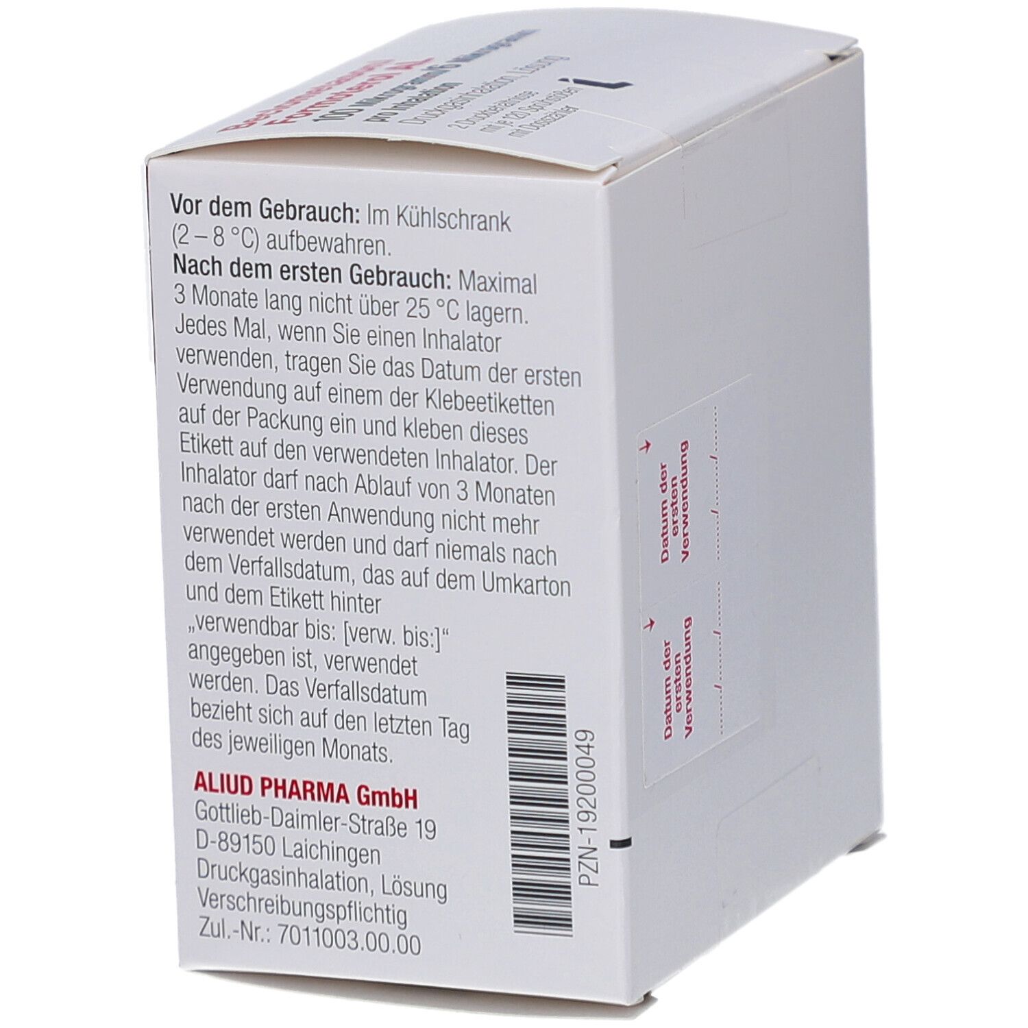Weiße Faltschachtel. Aufschrift: Aluid Pharma GmbH. Text in Deutsch. PZN-19200049. Text über Aufbewahrung und Haltbarkeit.