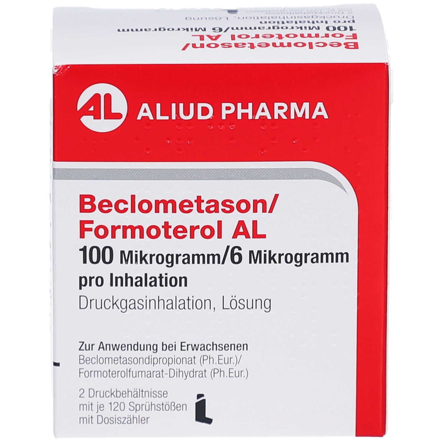Weiß-rote Faltschachtel. Aufschrift: Beclometason/Formoterol AL 100 Mikrogramm/6 Mikrogramm pro Inhalation. AL-Logo.