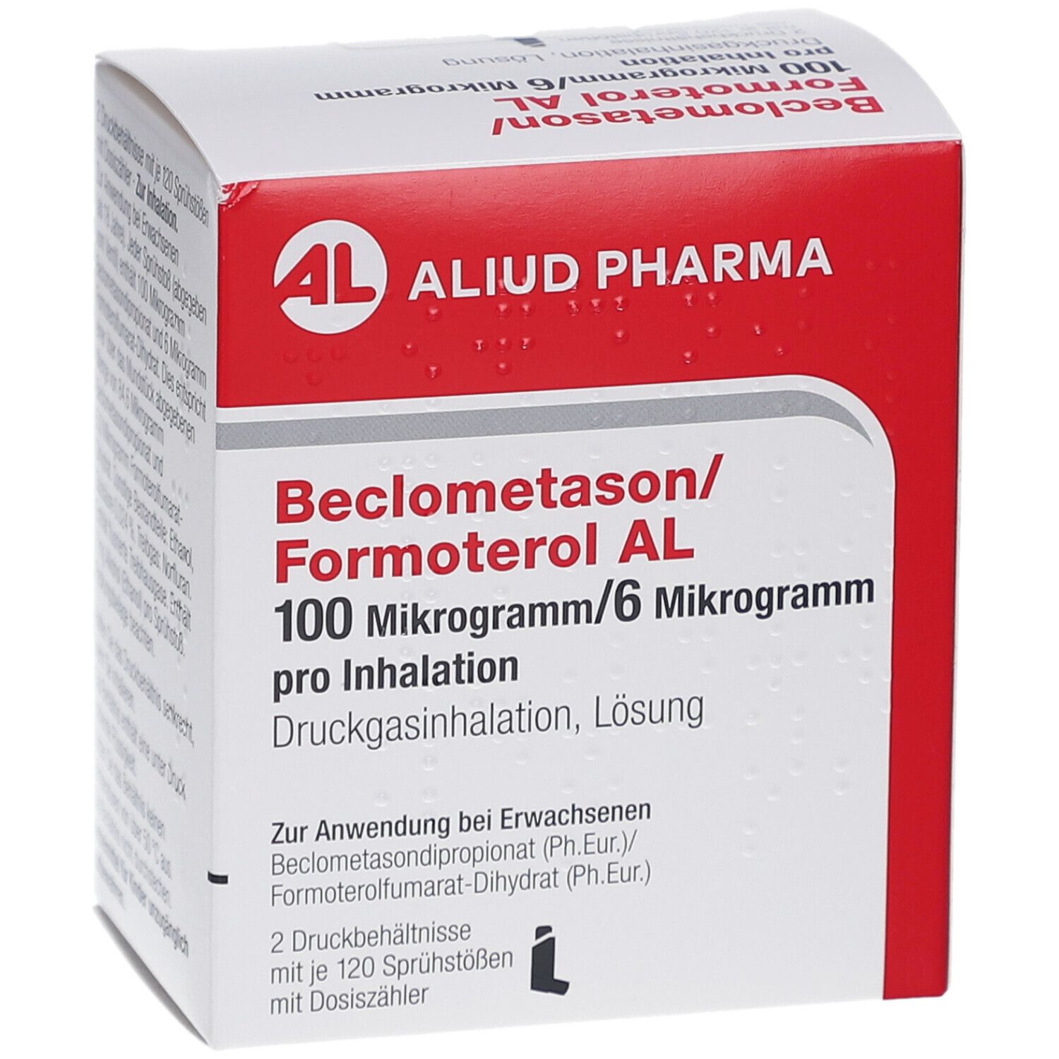 Weiß-rote Faltschachtel. Aufschrift: Beclometason/Formoterol AL 100 Mikrogramm/6 Mikrogramm pro Inhalation. AL-Logo.