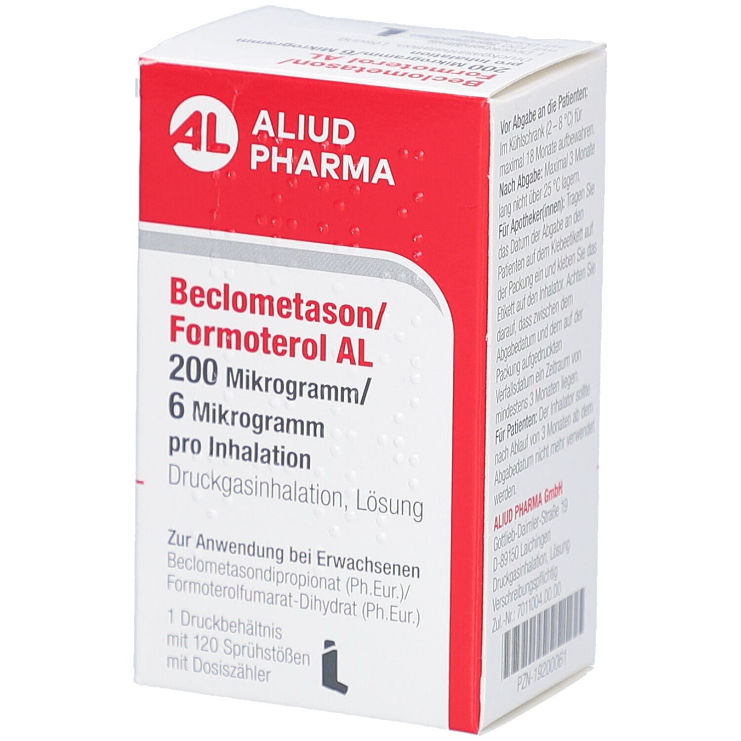 Weiße Schachtel mit rotem Deckel. Aufdruck: AL, ALIUD PHARMA, Beclometason/Formoterol AL 200/6 Mikrogramm, pro Inhalation. Druckgasinhalation, Lösung.