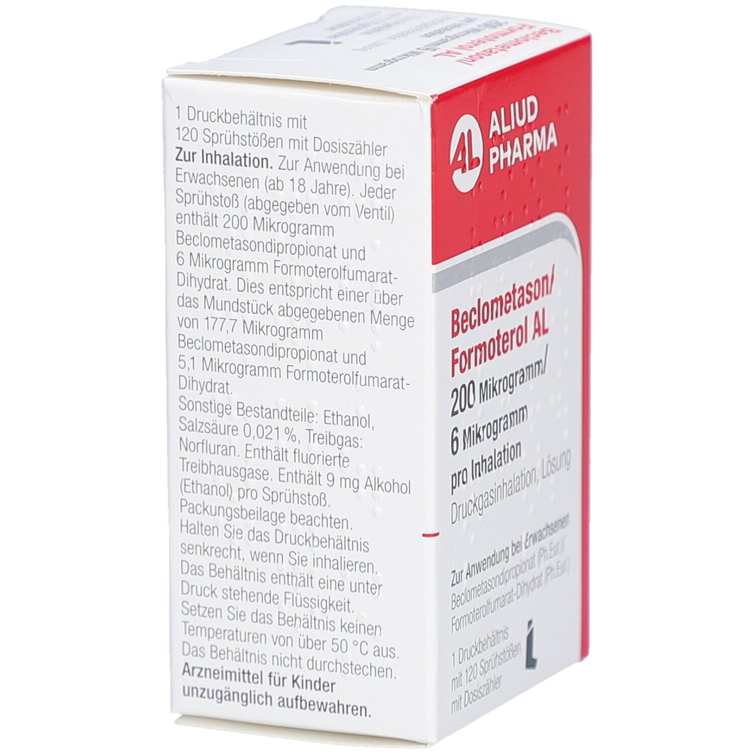 Weiße Schachtel mit Text. Aufdruck: 1 Druckbehältnis mit 120 Sprühstößen mit Dosierzähler. Zur Inhalation. Enthält 200 Mikrogramm Beclometason.