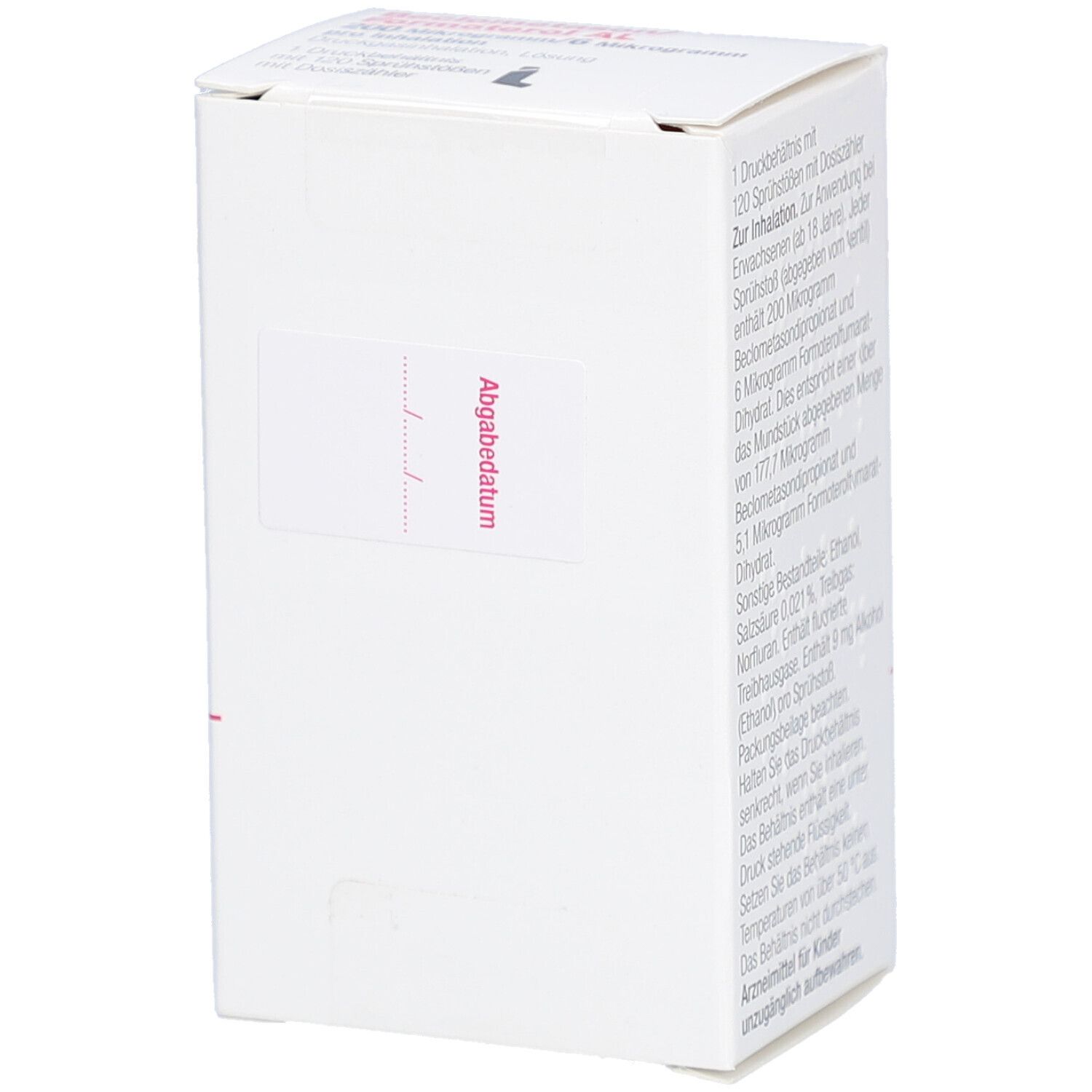 Weiße Schachtel mit Aufkleber. Aufkleber mit der Aufschrift "Abgabedatum". Text und Strichcode auf der Seite.