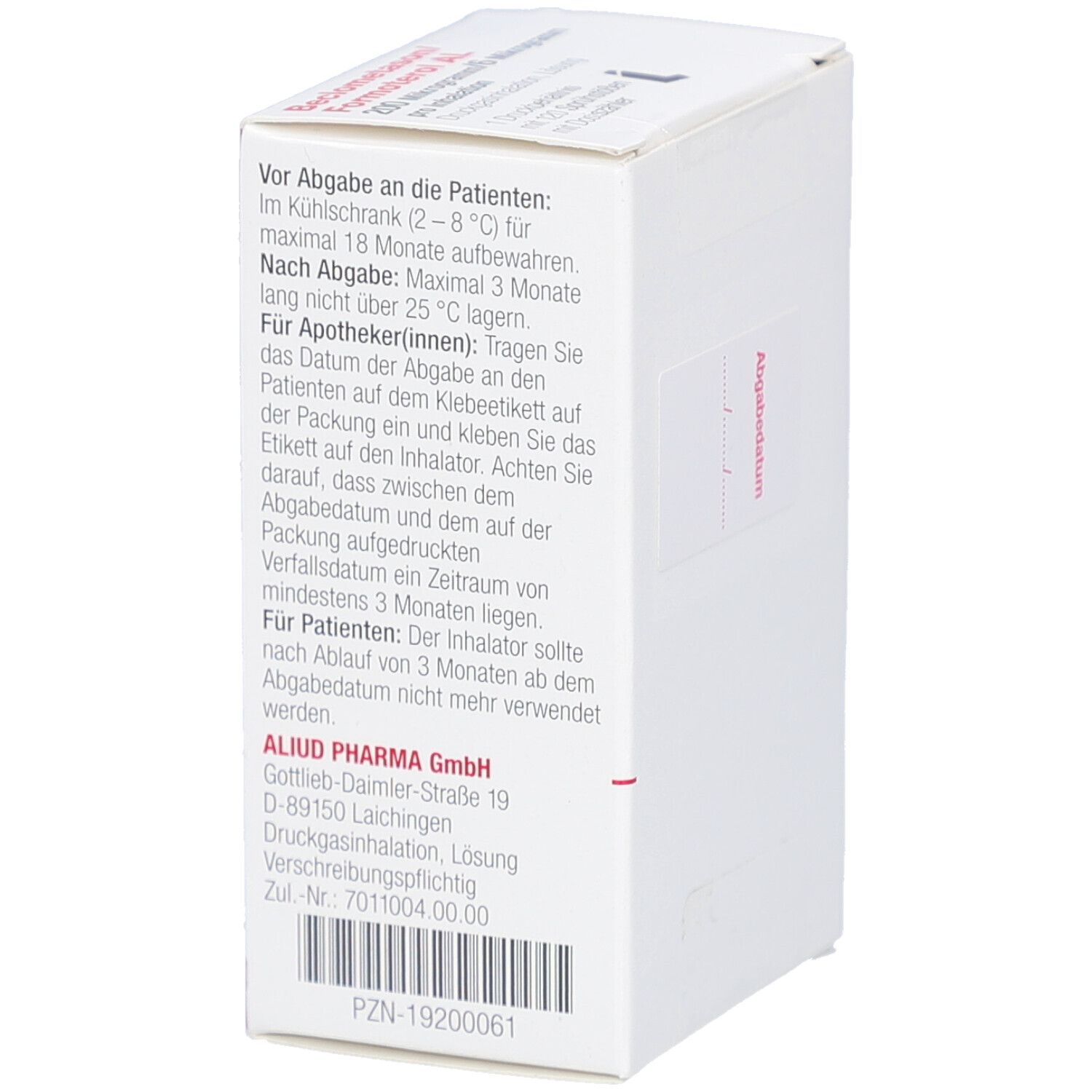 Weiße Schachtel mit Text. Aufdruck: Für Apotheker(innen): Tragen Sie das Datum der Abgabe auf dem Klebeetikett ein. ALIUD PHARMA GmbH.