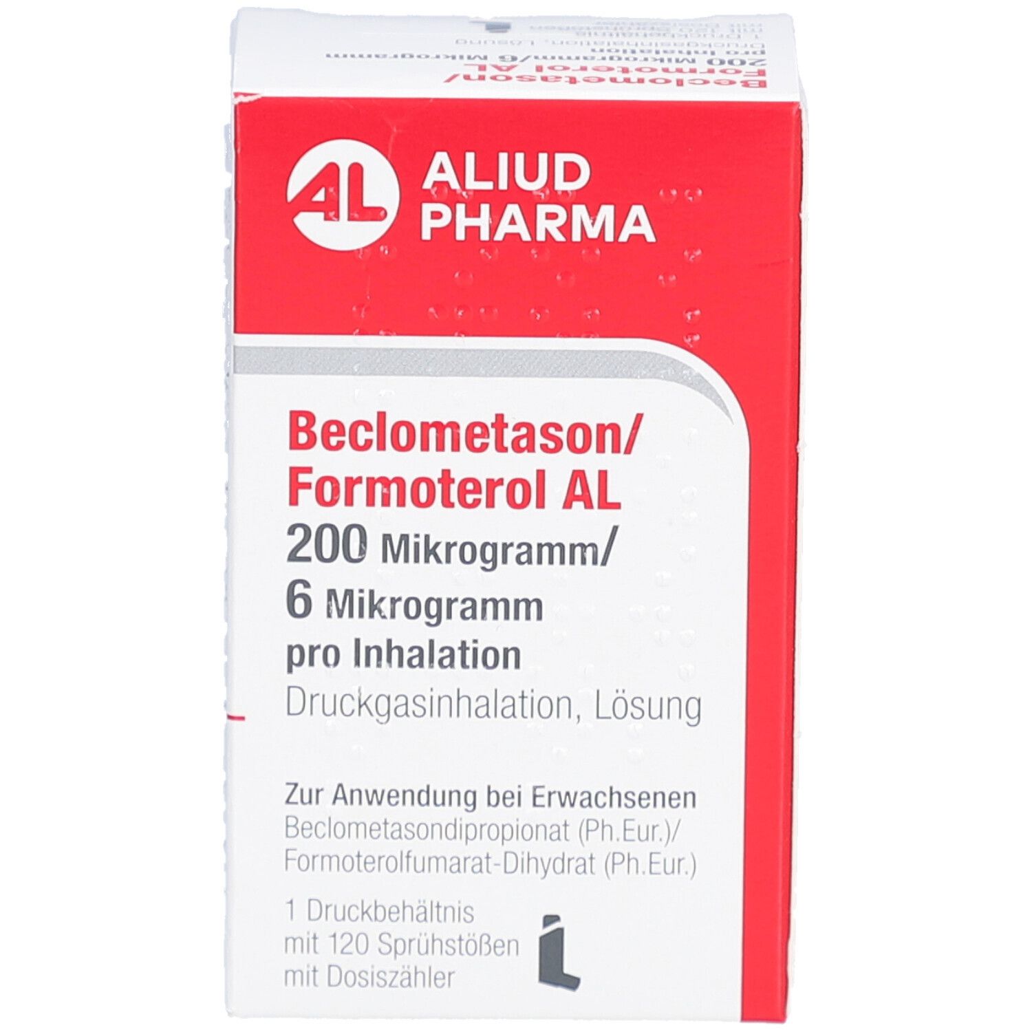 Weiße Schachtel mit rotem Deckel. Aufdruck: AL, ALIUD PHARMA, Beclometason/Formoterol AL 200/6 Mikrogramm, pro Inhalation. Druckgasinhalation, Lösung.