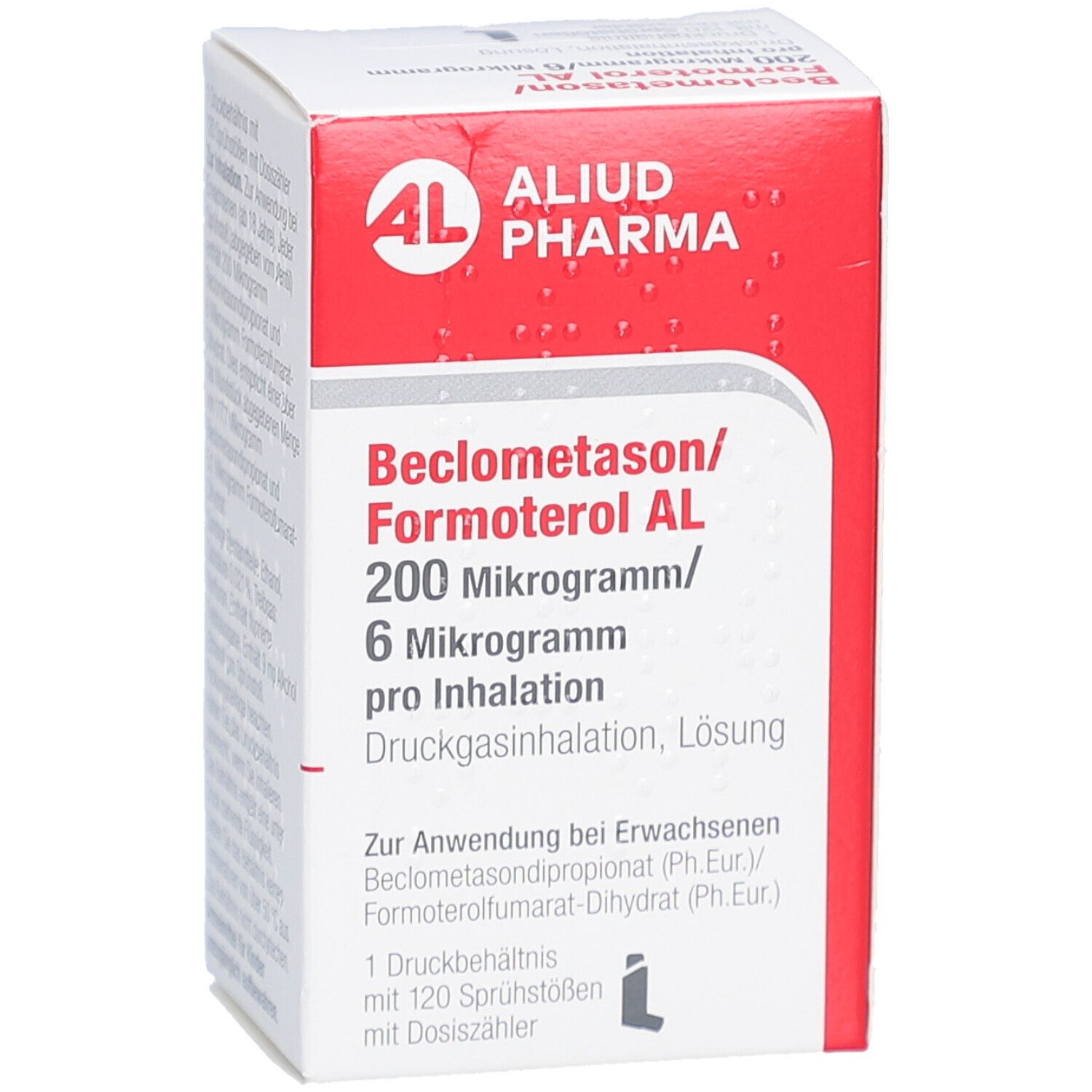 Weiße Schachtel mit rotem Deckel. Aufdruck: AL, ALIUD PHARMA, Beclometason/Formoterol AL 200/6 Mikrogramm, pro Inhalation. Druckgasinhalation, Lösung.