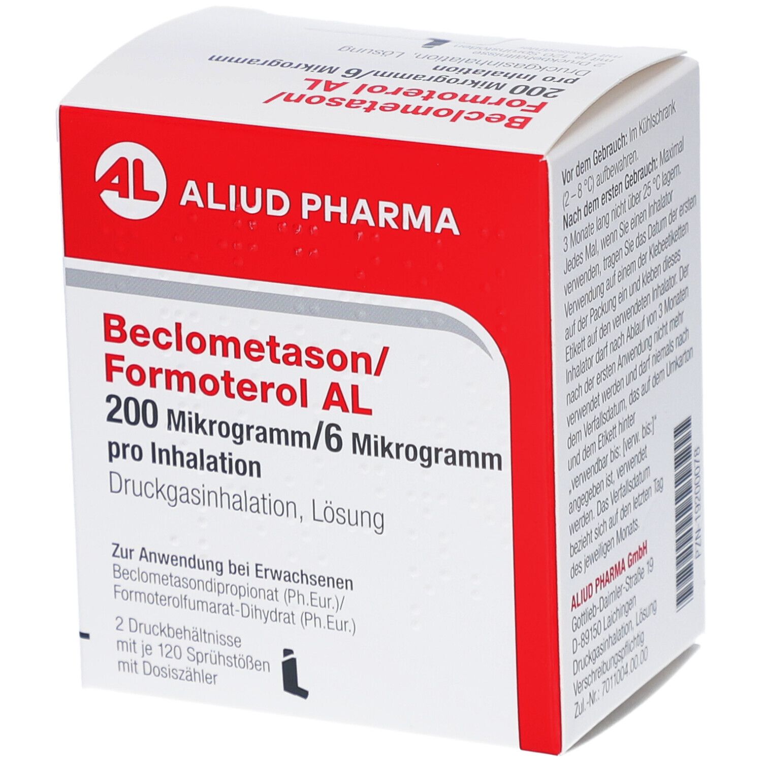 Weiße Schachtel mit roter Umrandung. Aufdruck: Beclometason/Formoterol AL, 200 Mikrogramm/6 Mikrogramm. Logo: AL, Aliud Pharma.