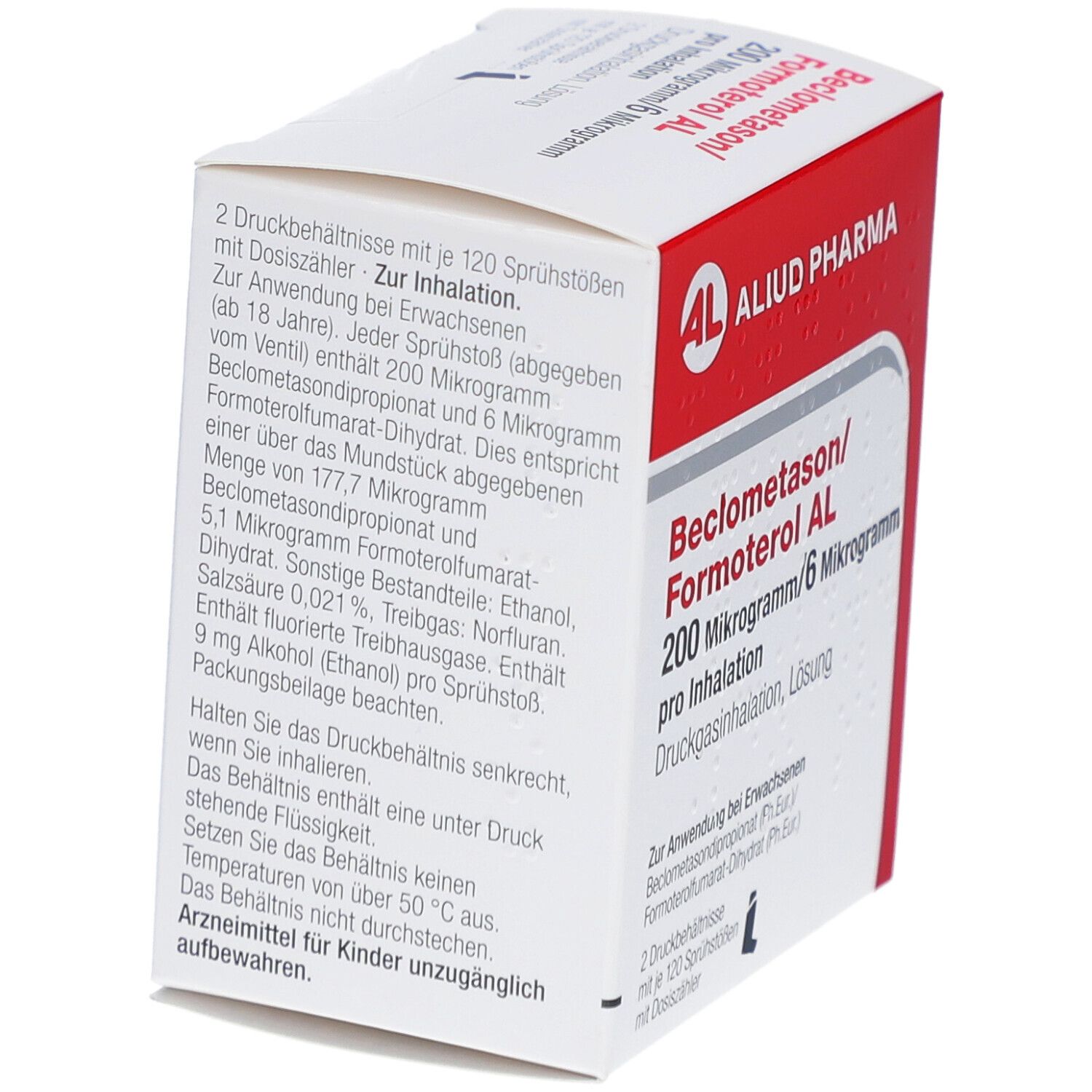 Rückseite der weißen Schachtel mit roter Umrandung. Text: Produktinformationen, Logo: AL, Aliud Pharma.