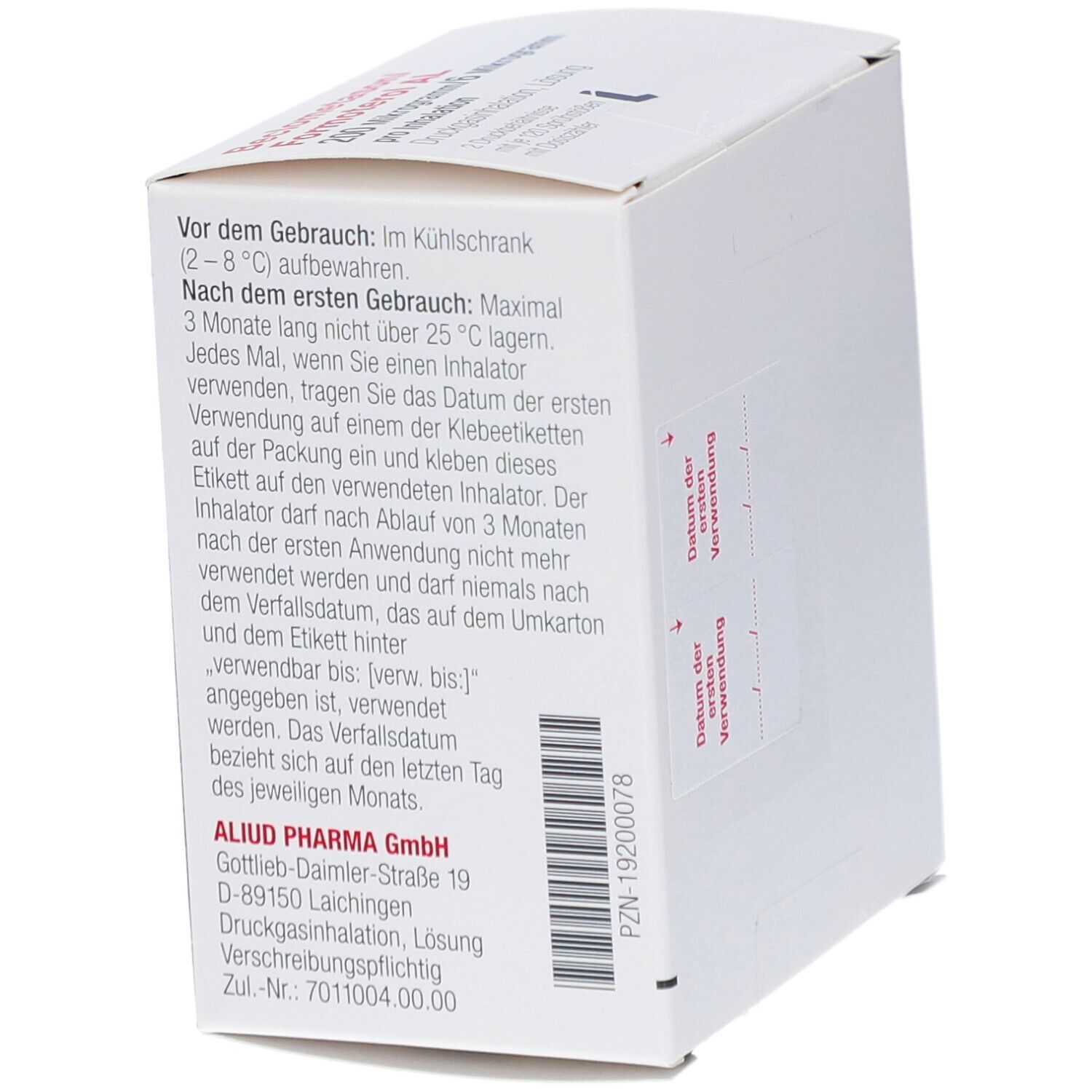 Weiße Schachtel mit roter Markierung für Datum der ersten Verwendung. Text: Aliud Pharma GmbH, PZN-19200078.