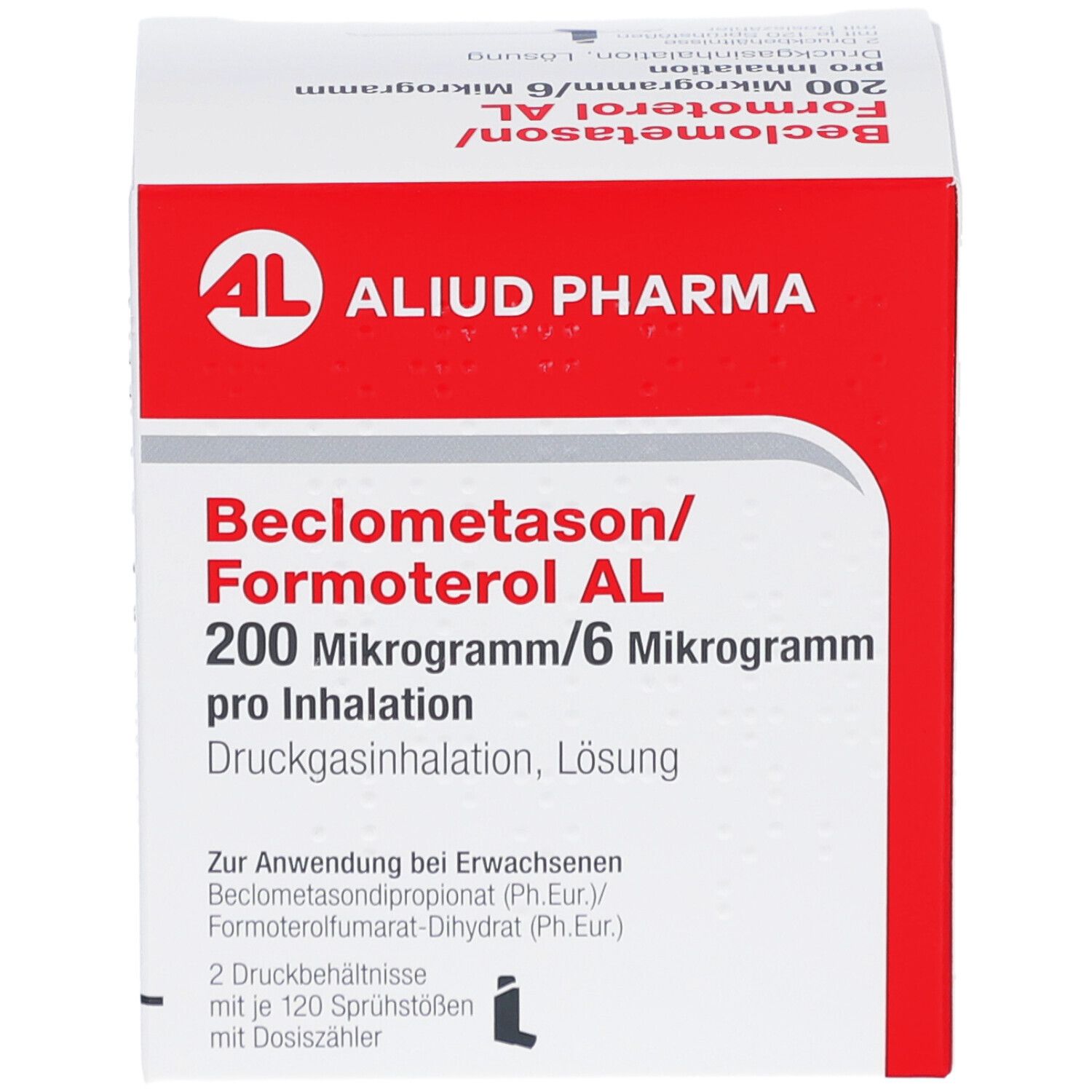 Weiße Schachtel mit roter Umrandung. Aufdruck: Beclometason/Formoterol AL, 200 Mikrogramm/6 Mikrogramm. Logo: AL, Aliud Pharma.