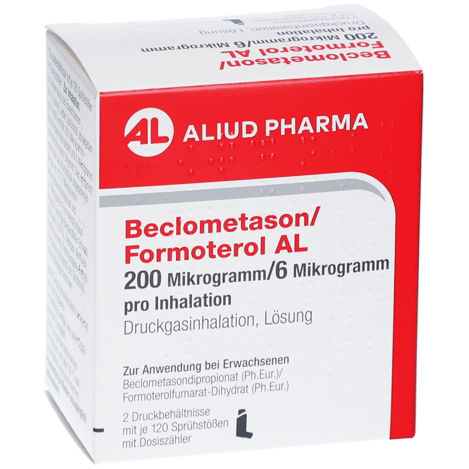 Weiße Schachtel mit roter Umrandung. Aufdruck: Beclometason/Formoterol AL, 200 Mikrogramm/6 Mikrogramm. Logo: AL, Aliud Pharma.