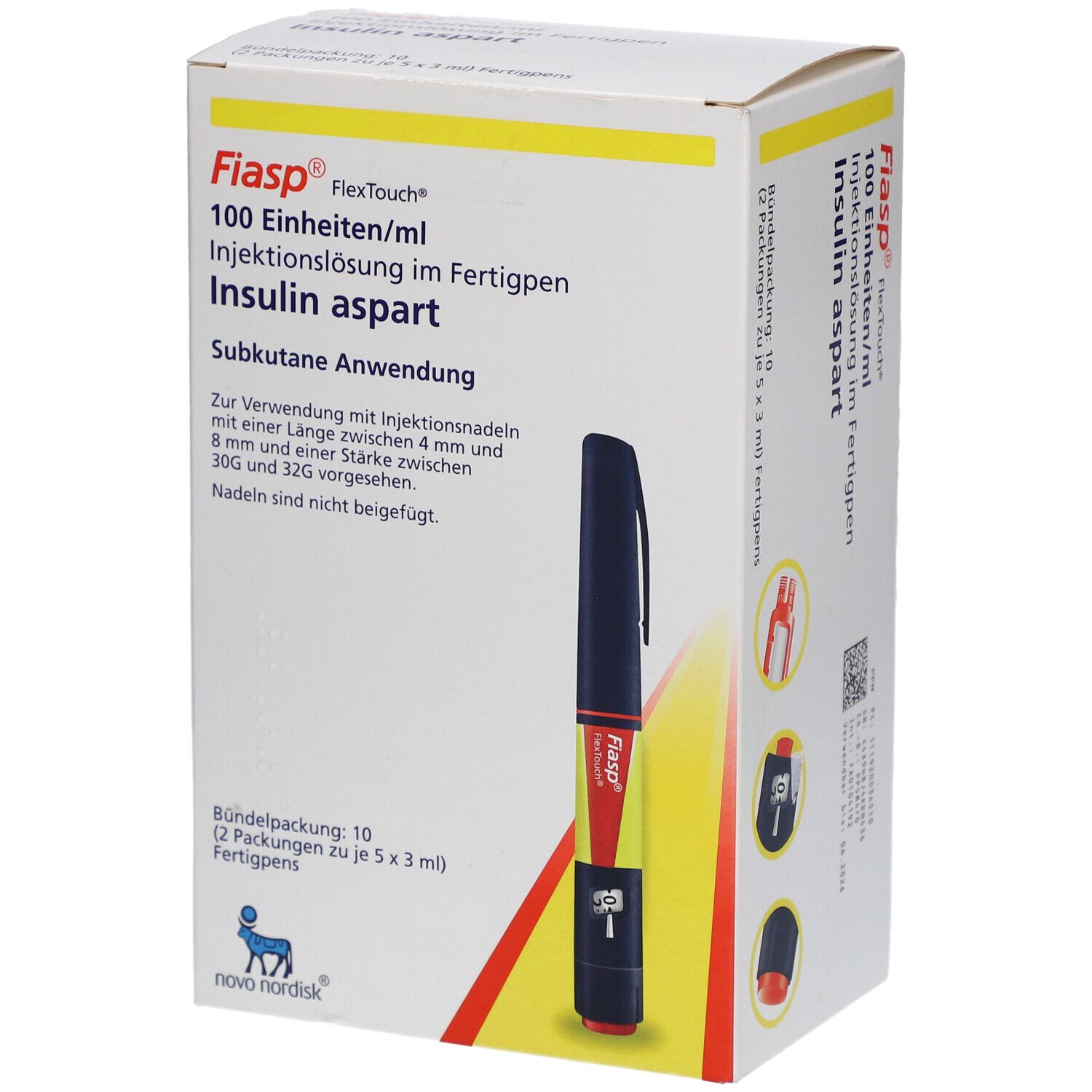 Verpackung von FIASP FlexTouch Fertigpen. Enthält 100 Einheiten/ml Insulin aspart. Mit Fertigpen-Abbildung.