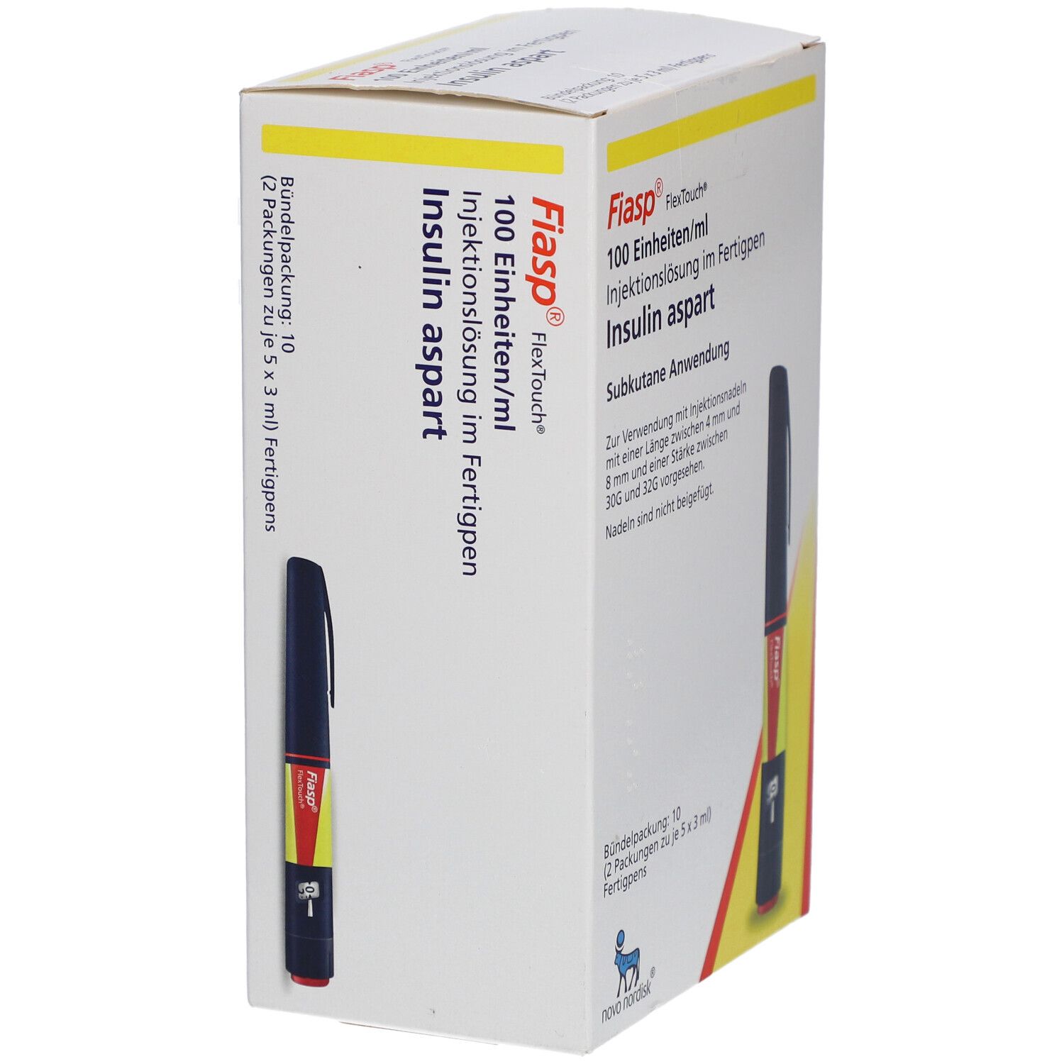 Verpackung von FIASP FlexTouch Fertigpen. Enthält 100 Einheiten/ml Insulin aspart. Fertigpen-Abbildung.