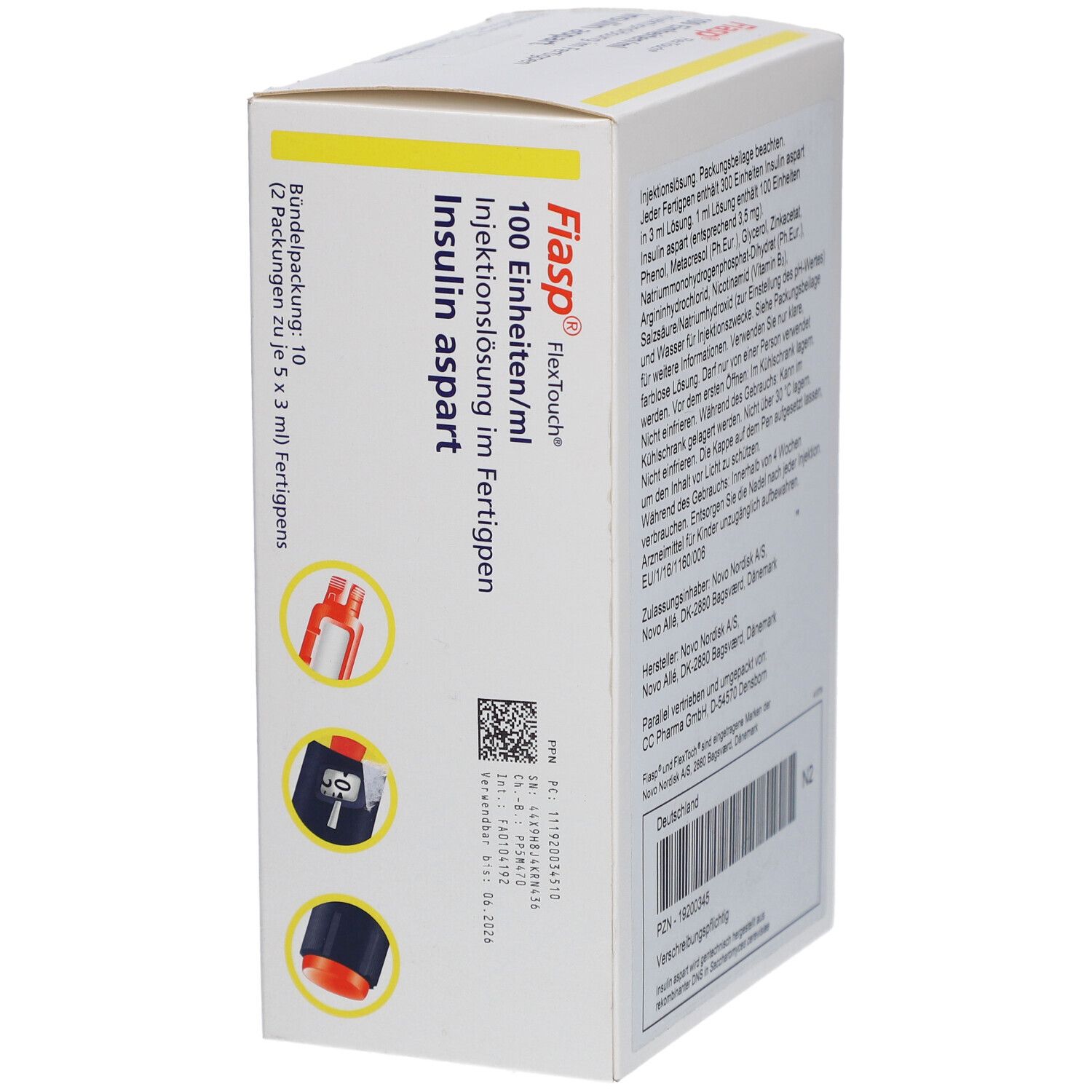 Rückseite der FIASP FlexTouch Verpackung. Enthält Informationen zu Inhaltsstoffen und Hersteller.