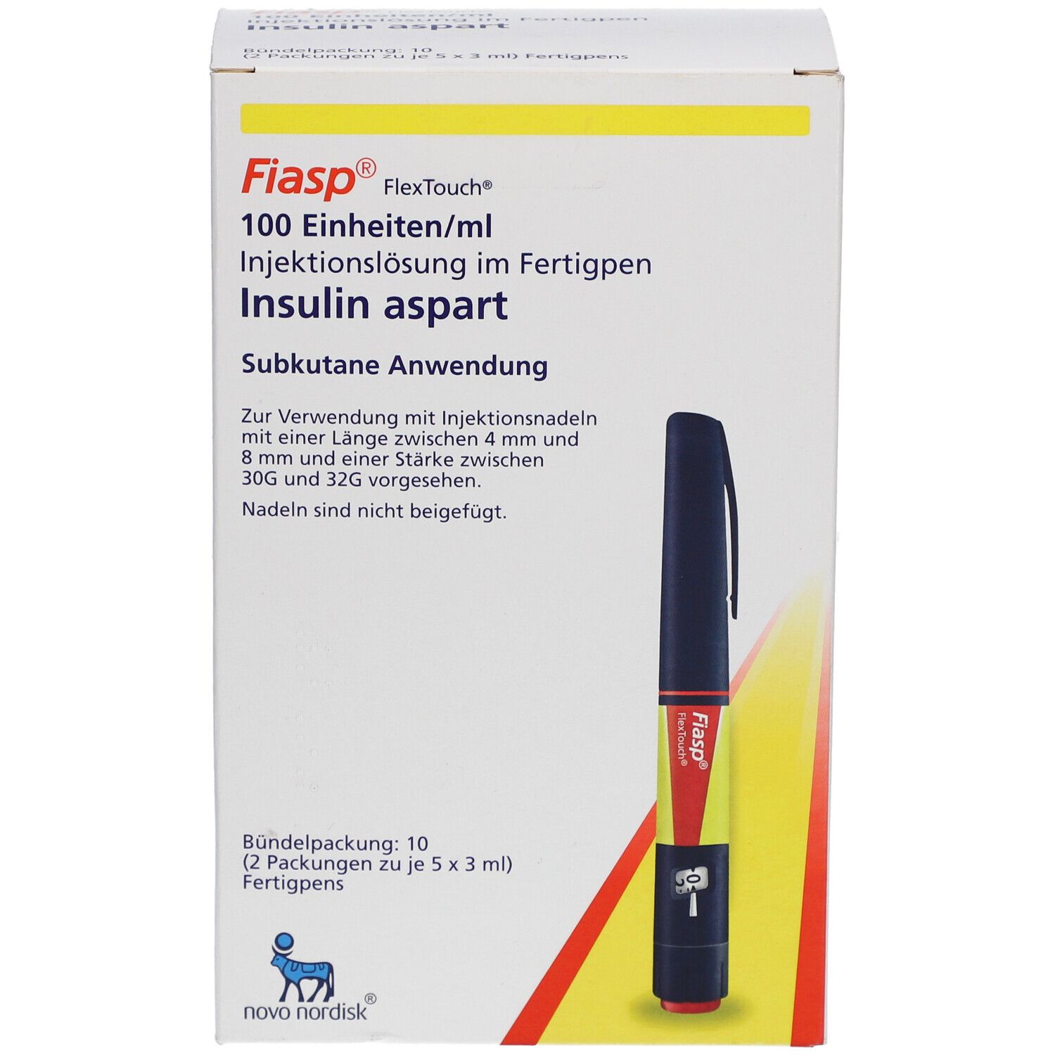 Verpackung von FIASP FlexTouch Fertigpen. Enthält 100 Einheiten/ml Insulin aspart. Mit Fertigpen-Abbildung.