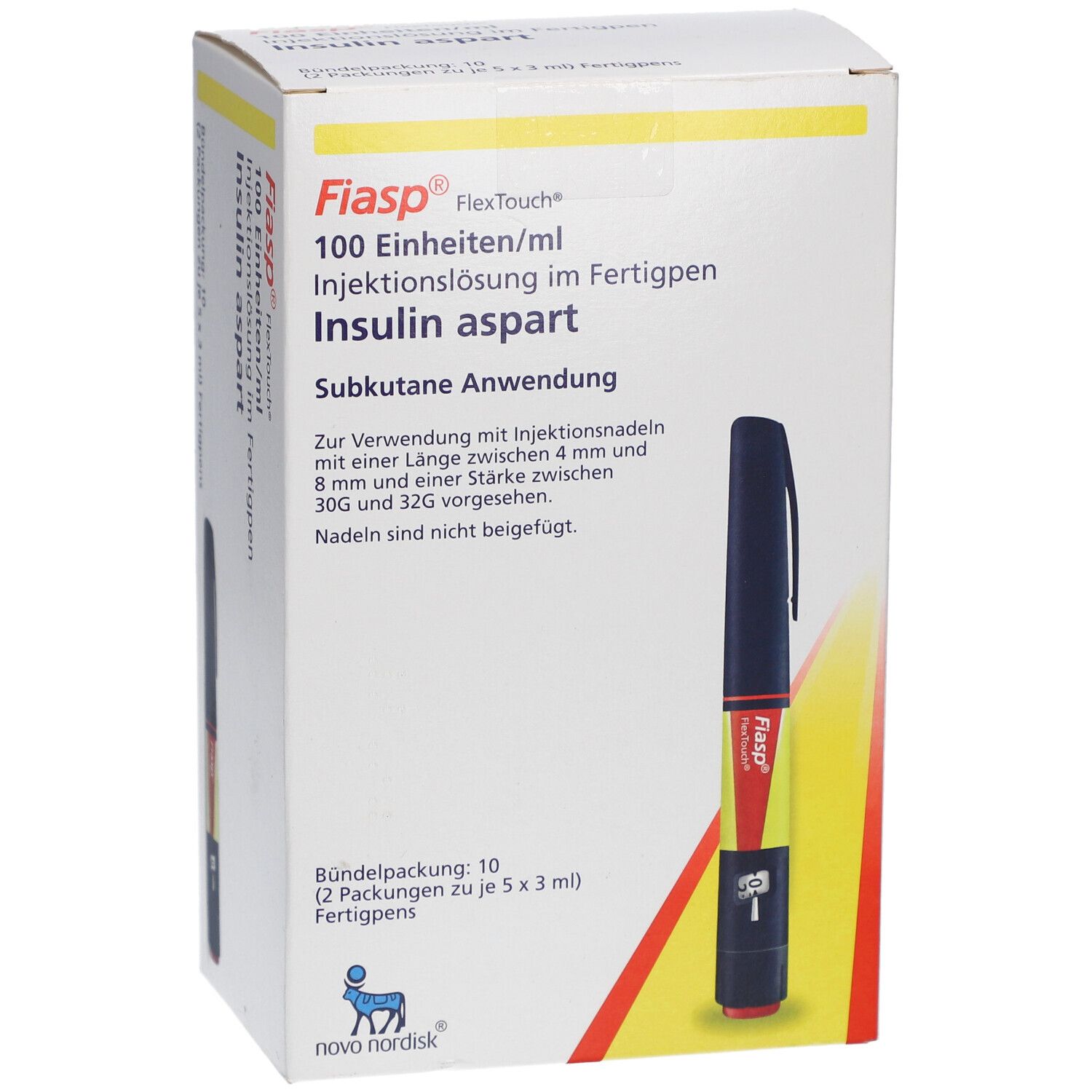 Verpackung von FIASP FlexTouch Fertigpen. Enthält 100 Einheiten/ml Insulin aspart. Mit Fertigpen-Abbildung.