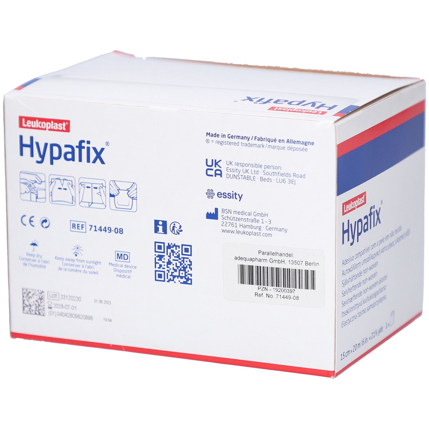 Rückseite der Leukoplast® Hypafix® Verpackung. Informationen und Logos.