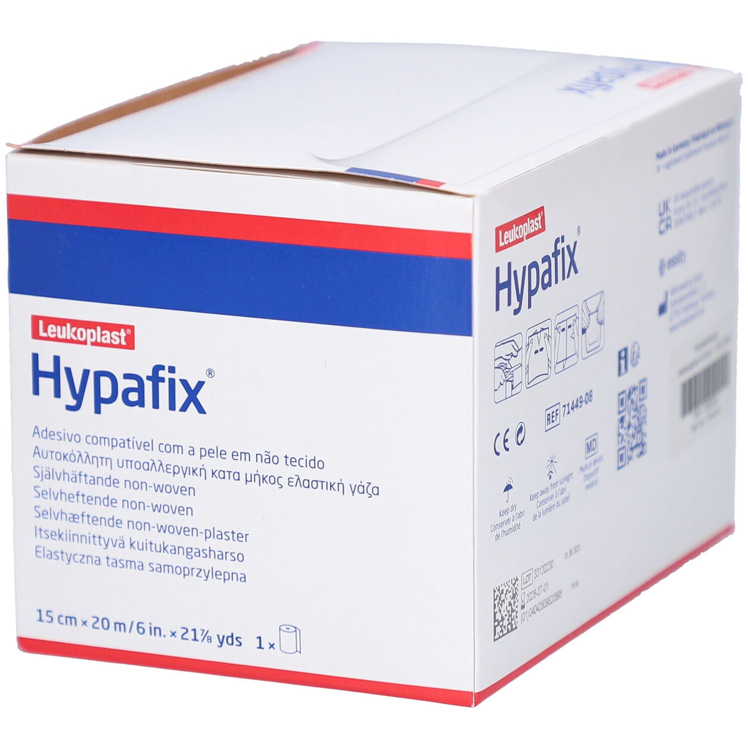 Karton mit Leukoplast® Hypafix®. Aufschrift: 15 cm x 20 m. Produktverpackung.