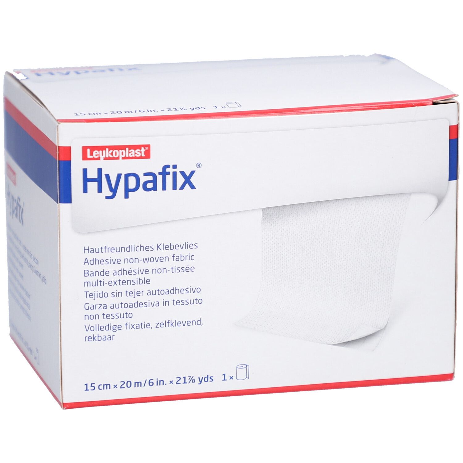 Karton mit Leukoplast® Hypafix®. Aufschrift: 15 cm x 20 m. Klebebandrolle sichtbar.