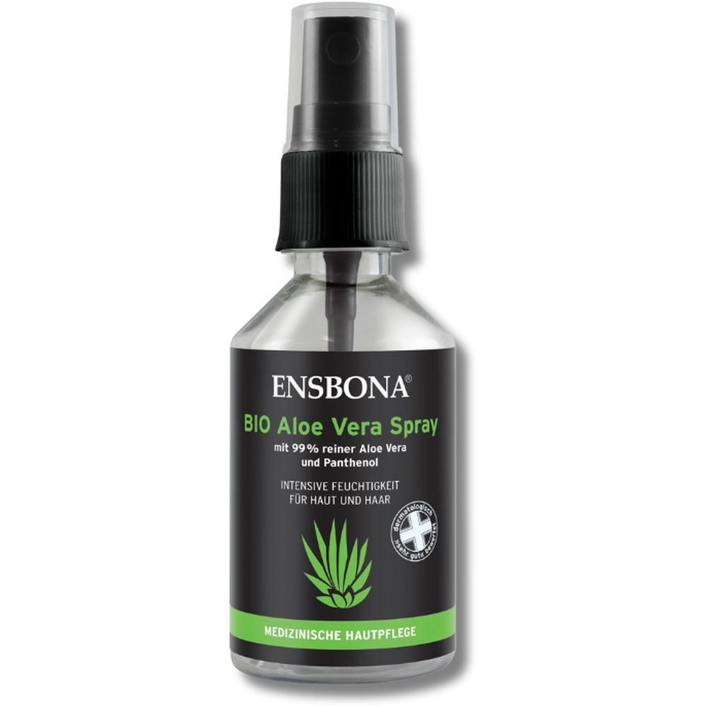 ENSBONA Bio Aloe Vera Spray Flasche mit Pumpsprühkopf. Transparente Flasche mit schwarzem Etikett.