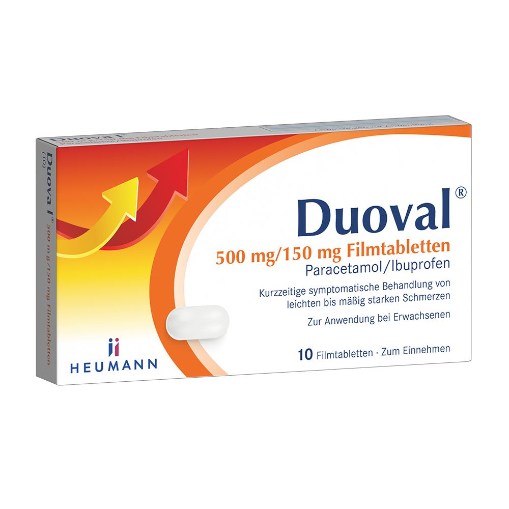 Schachtel mit DUOVAL® 500 mg/150 mg Filmtabletten. Weiße Tablette sichtbar. Orangefarbener Hintergrund mit Pfeil. HEUMANN Logo.