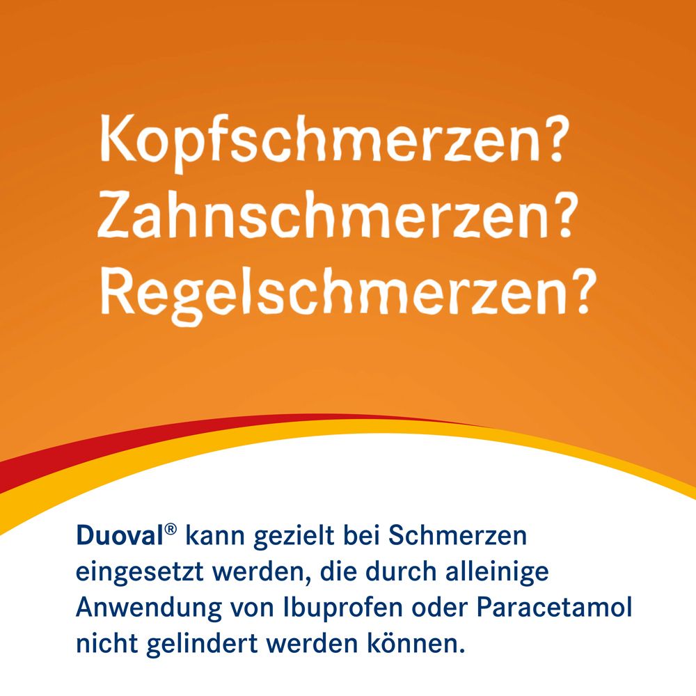 Text auf orangefarbenem Hintergrund: Kopf-, Zahn-, Regelschmerzen? Duoval® kann gezielt eingesetzt werden.