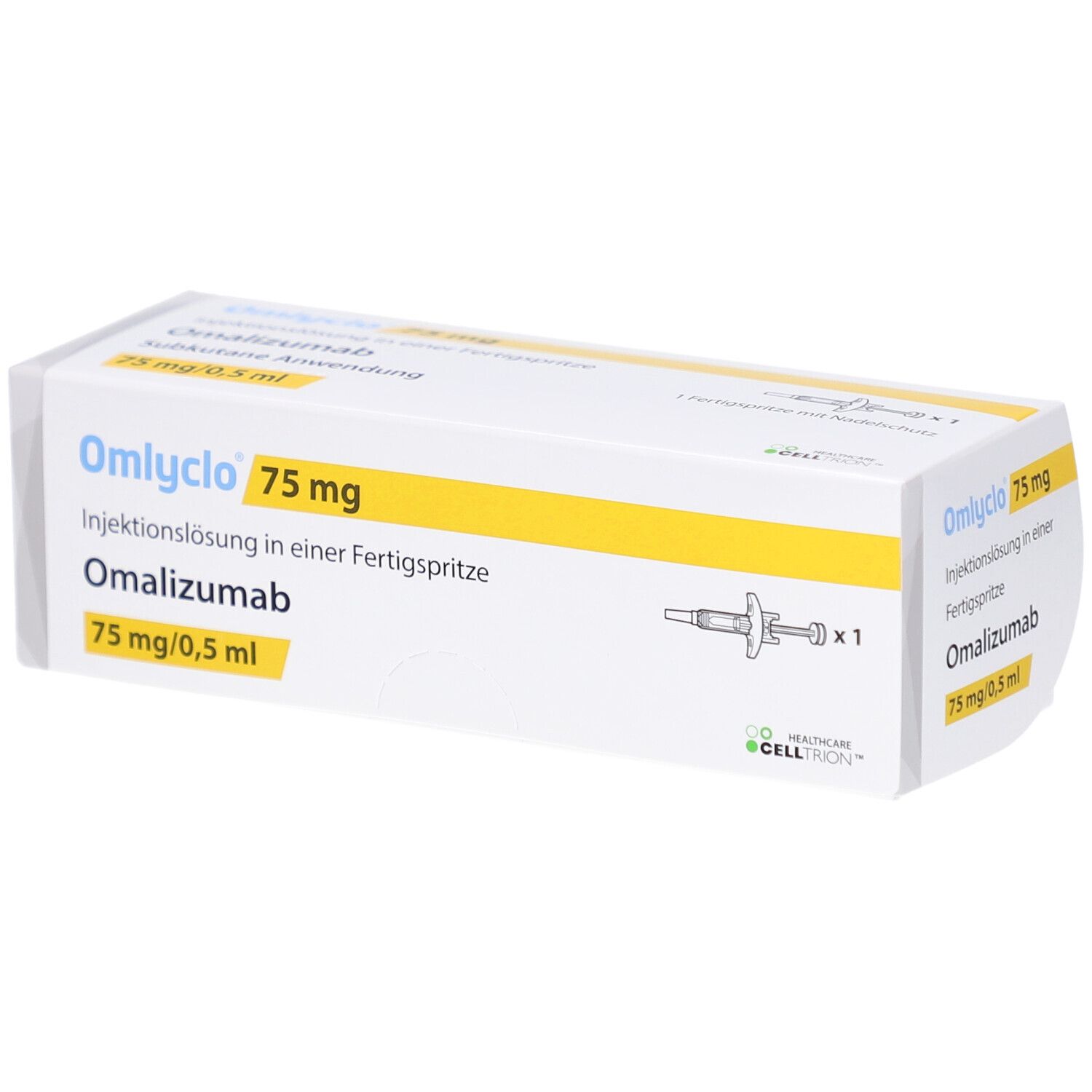 Omlyclo 75 mg Fertigspritze-Packung. Enthält Omalizumab. Gelbe und weiße Verpackung mit Produktinformationen und einer Abbildung einer Spritze.