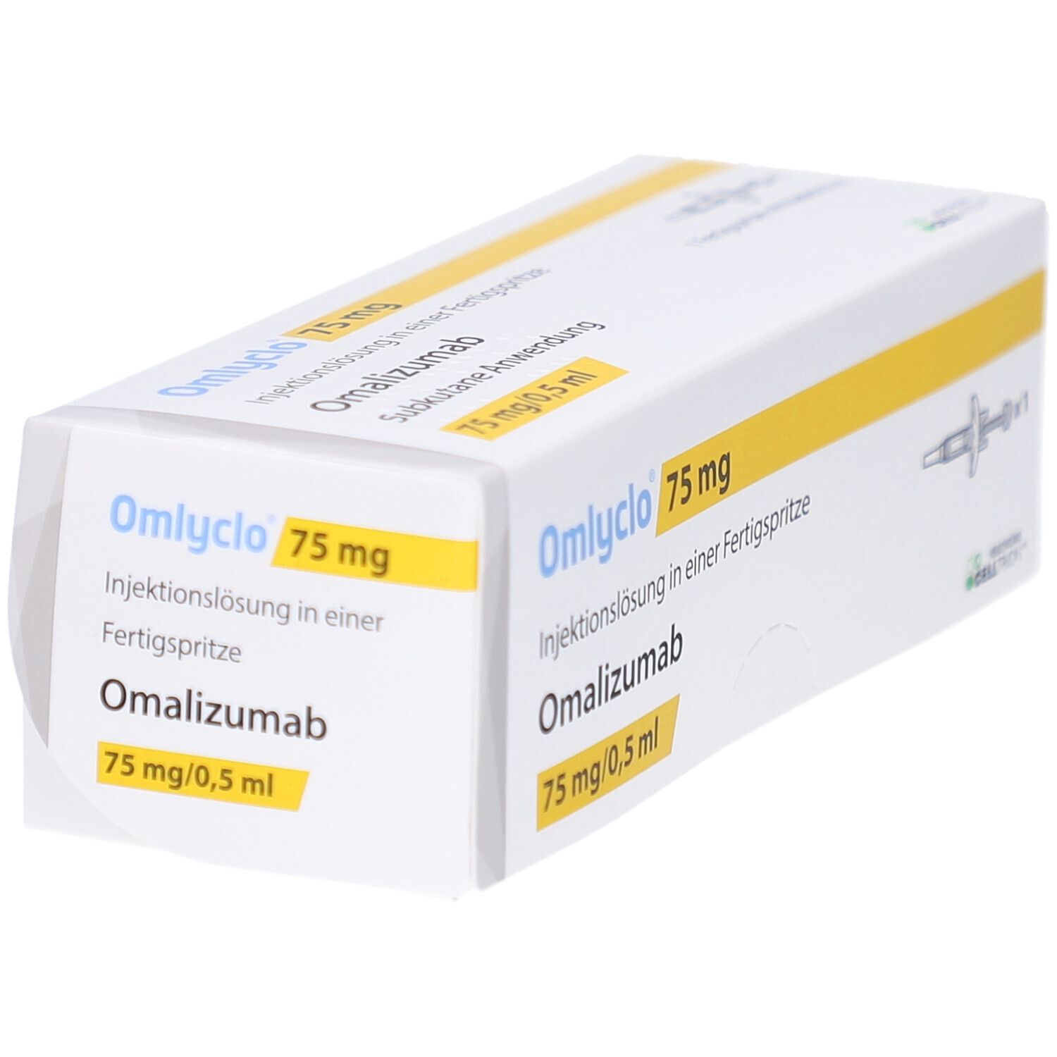 Omlyclo 75 mg-Packung, schräg. Enthält Omalizumab. Weiße und gelbe Verpackung mit Produktnamen und Informationen.