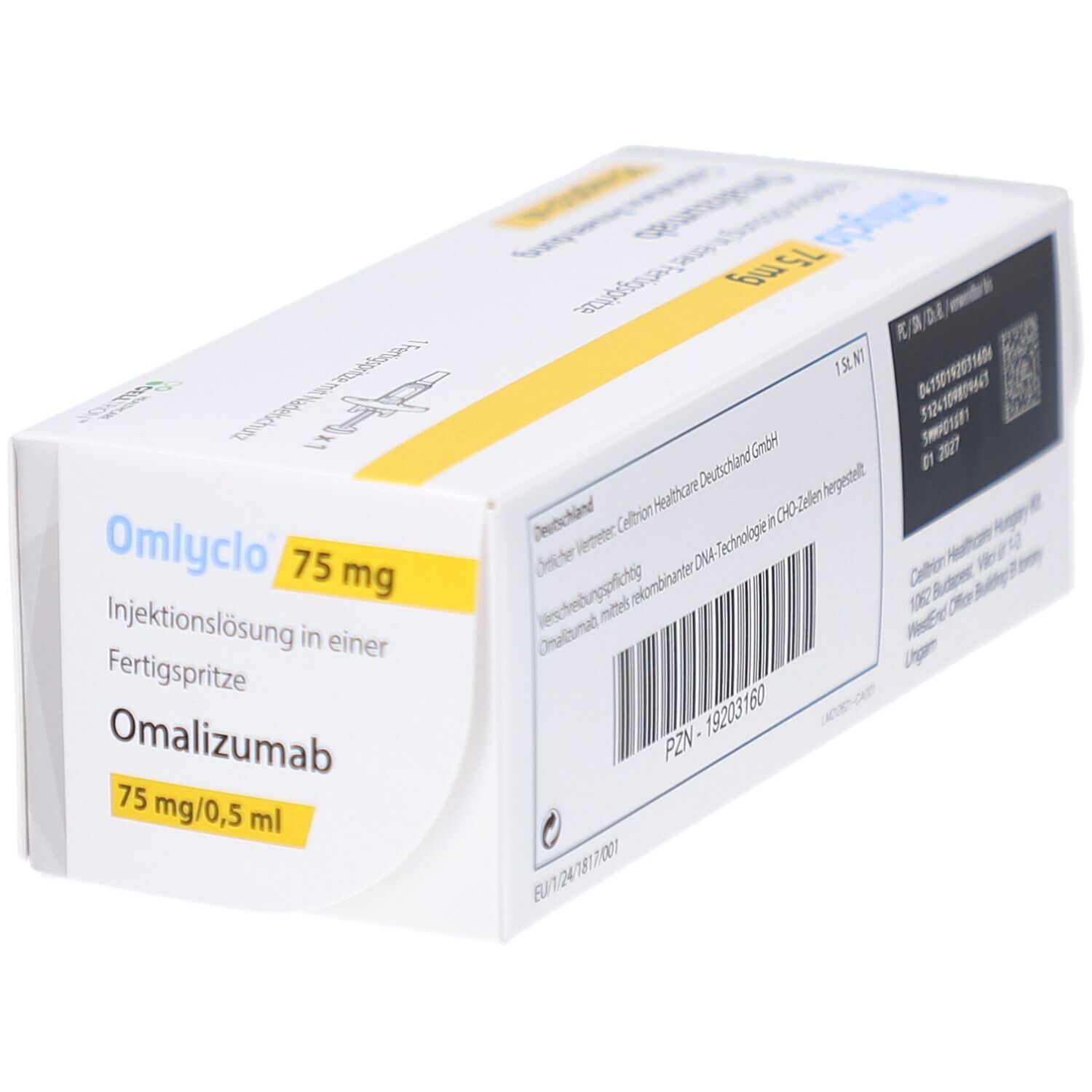 Omlyclo 75 mg-Packung, schräg. Enthält Omalizumab. Weiße und gelbe Verpackung mit Produktnamen und Informationen.