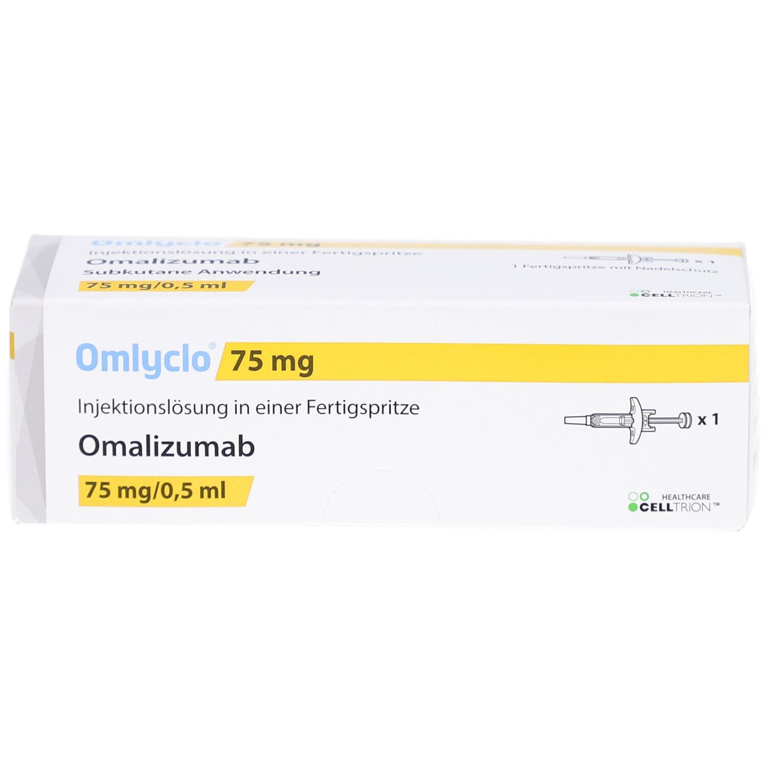 Omlyclo 75 mg Fertigspritze-Packung. Enthält Omalizumab. Gelbe und weiße Verpackung mit Produktinformationen und einer Abbildung einer Spritze.