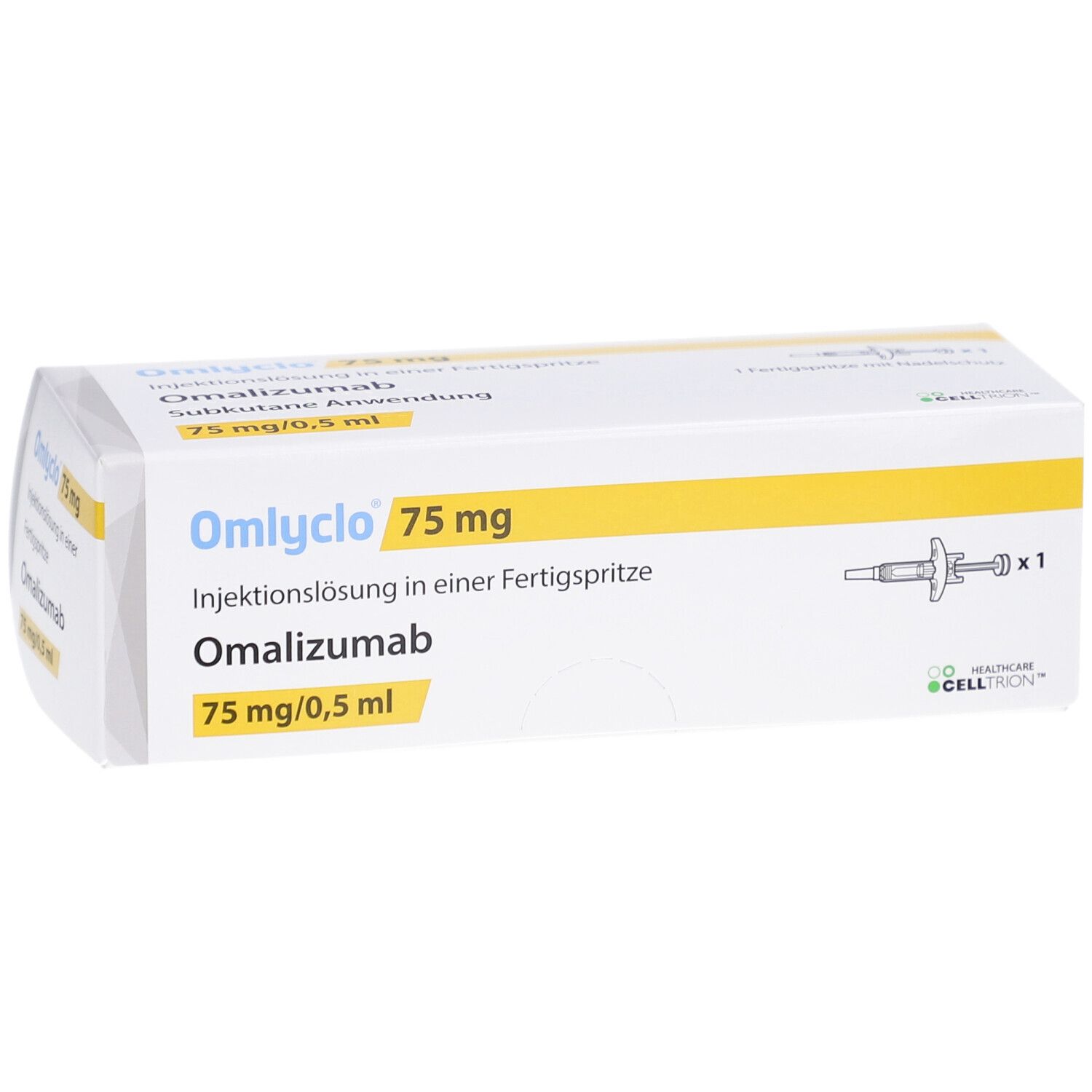 Omlyclo 75 mg Fertigspritze-Packung. Enthält Omalizumab. Gelbe und weiße Verpackung mit Produktinformationen und einer Abbildung einer Spritze.