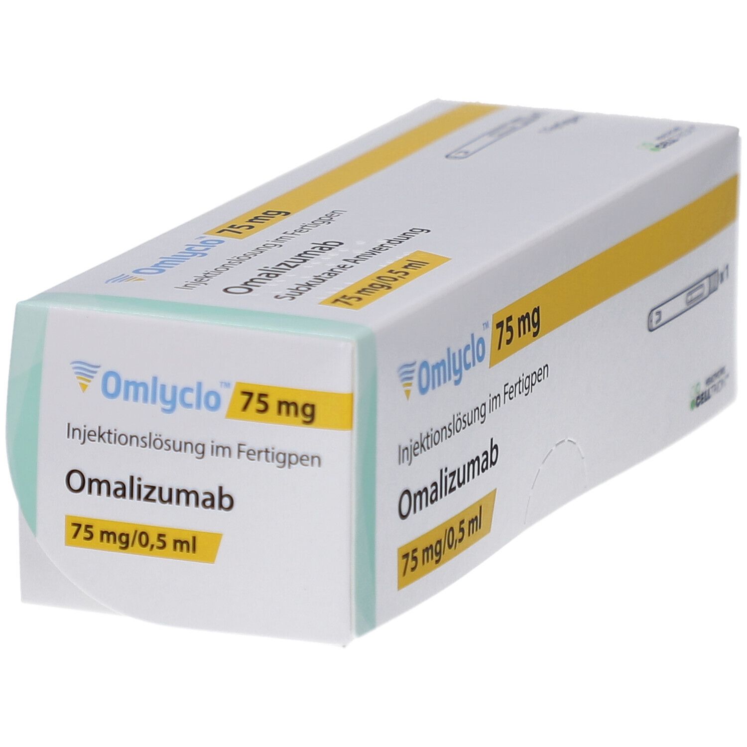 Schachtel mit OMLYCLO 75 mg Injektionslösung im Fertigpen. Aufschrift: Omalizumab, 75 mg/0,5 ml. Gelbe Akzente.