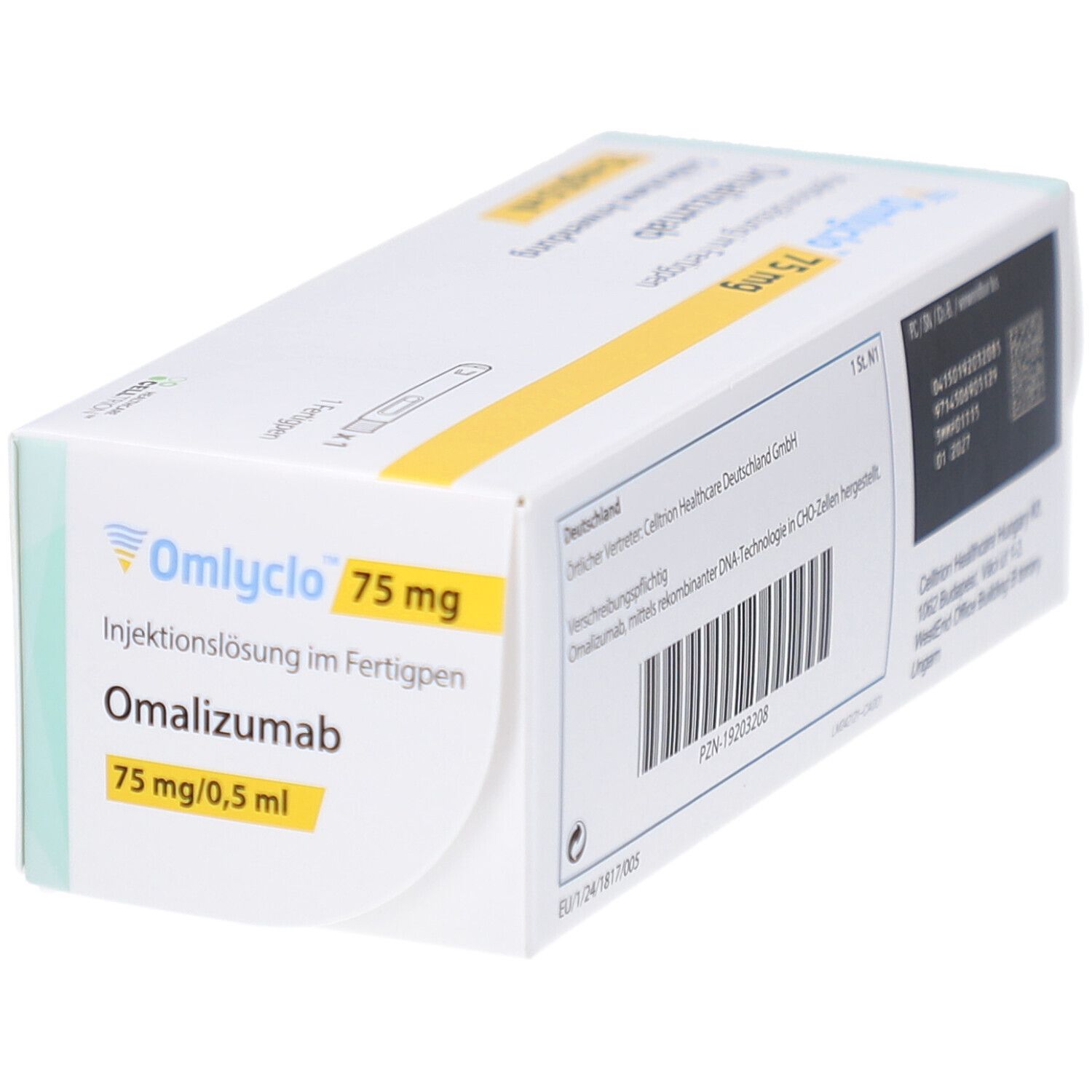 Schachtel mit OMLYCLO 75 mg Injektionslösung im Fertigpen. Aufschrift: Omalizumab, 75 mg/0,5 ml. Ansicht schräg von oben.