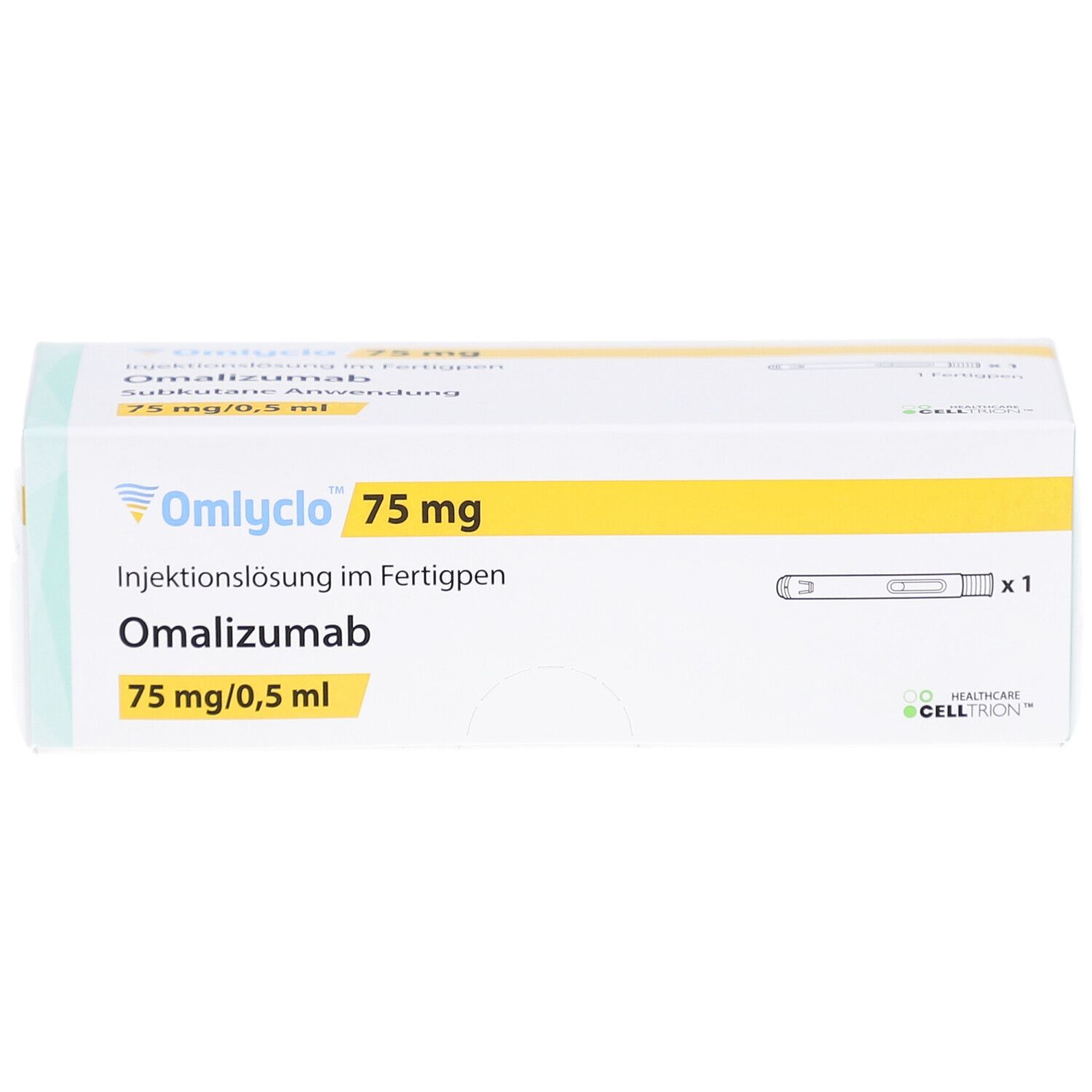 Schachtel mit OMLYCLO 75 mg Injektionslösung im Fertigpen. Aufschrift: Omalizumab, 75 mg/0,5 ml. Eine Fertigspritze abgebildet.