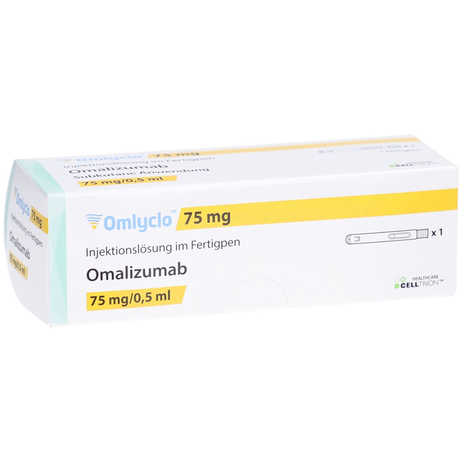Schachtel mit OMLYCLO 75 mg Injektionslösung im Fertigpen. Aufschrift: Omalizumab, 75 mg/0,5 ml. Eine Fertigspritze abgebildet.