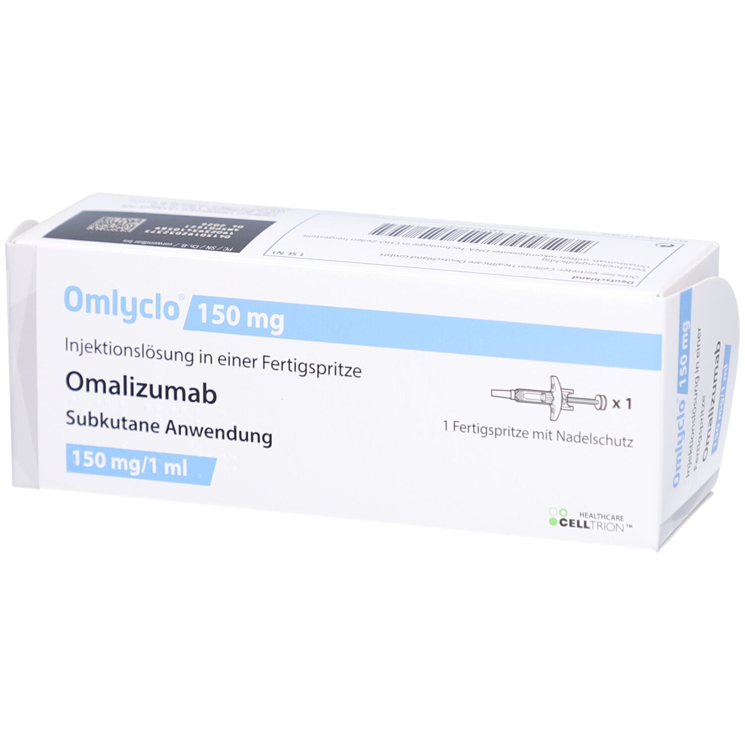 OMLYCLO 150 mg Injektionslösung in Fertigspr. Omalizumab. Packung mit Fertigspritze und Nadelschutz. Weiße Verpackung.