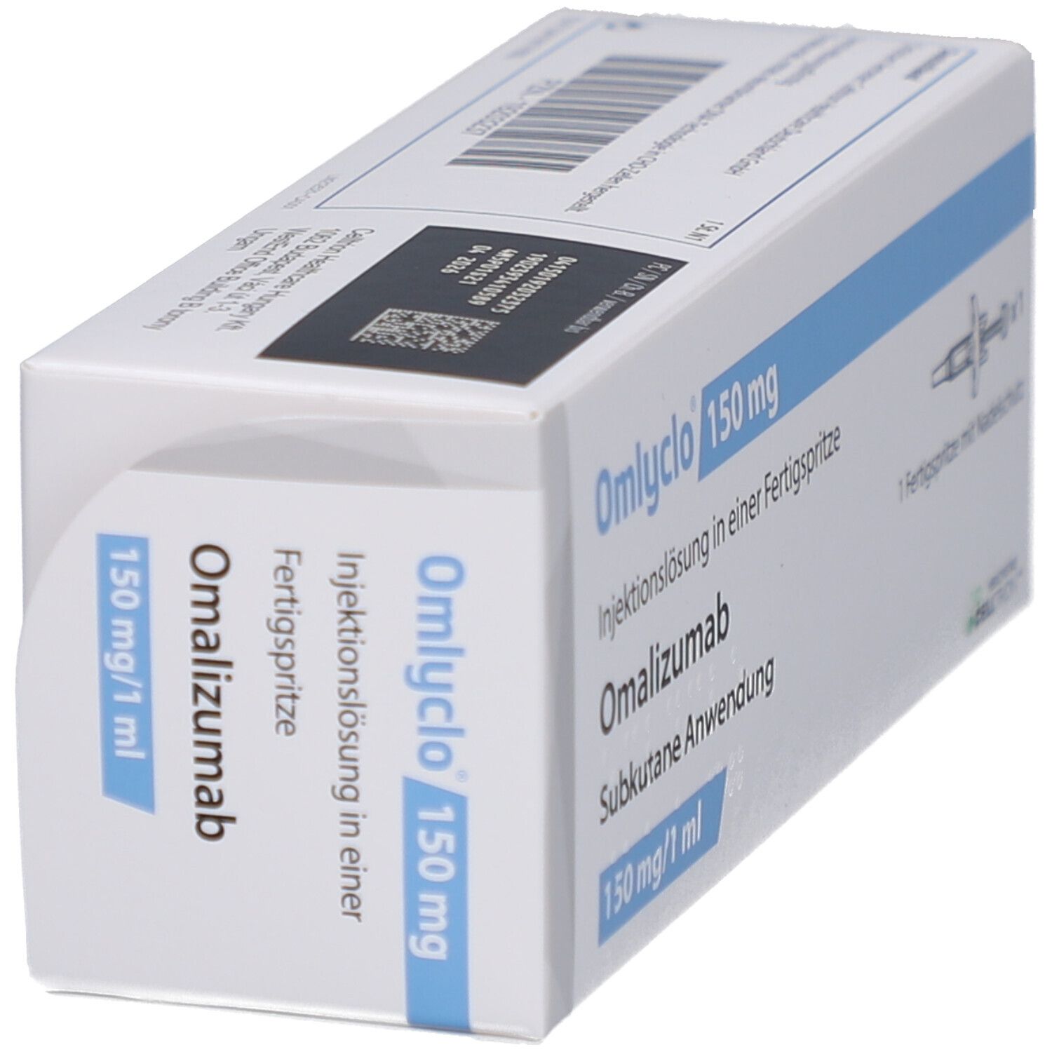 OMLYCLO 150 mg Injektionslösung in Fertigspr. Omalizumab. Weiße Verpackung mit blauen Akzenten. Seitenansicht der Verpackung.