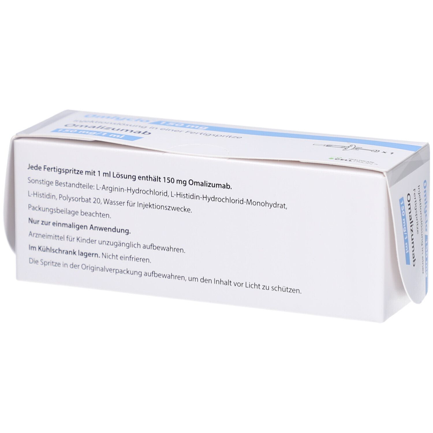 OMLYCLO 150 mg Injektionslösung in Fertigspr. Omalizumab. Rückseite der Verpackung mit Inhaltsstoffen und Lagerhinweisen.